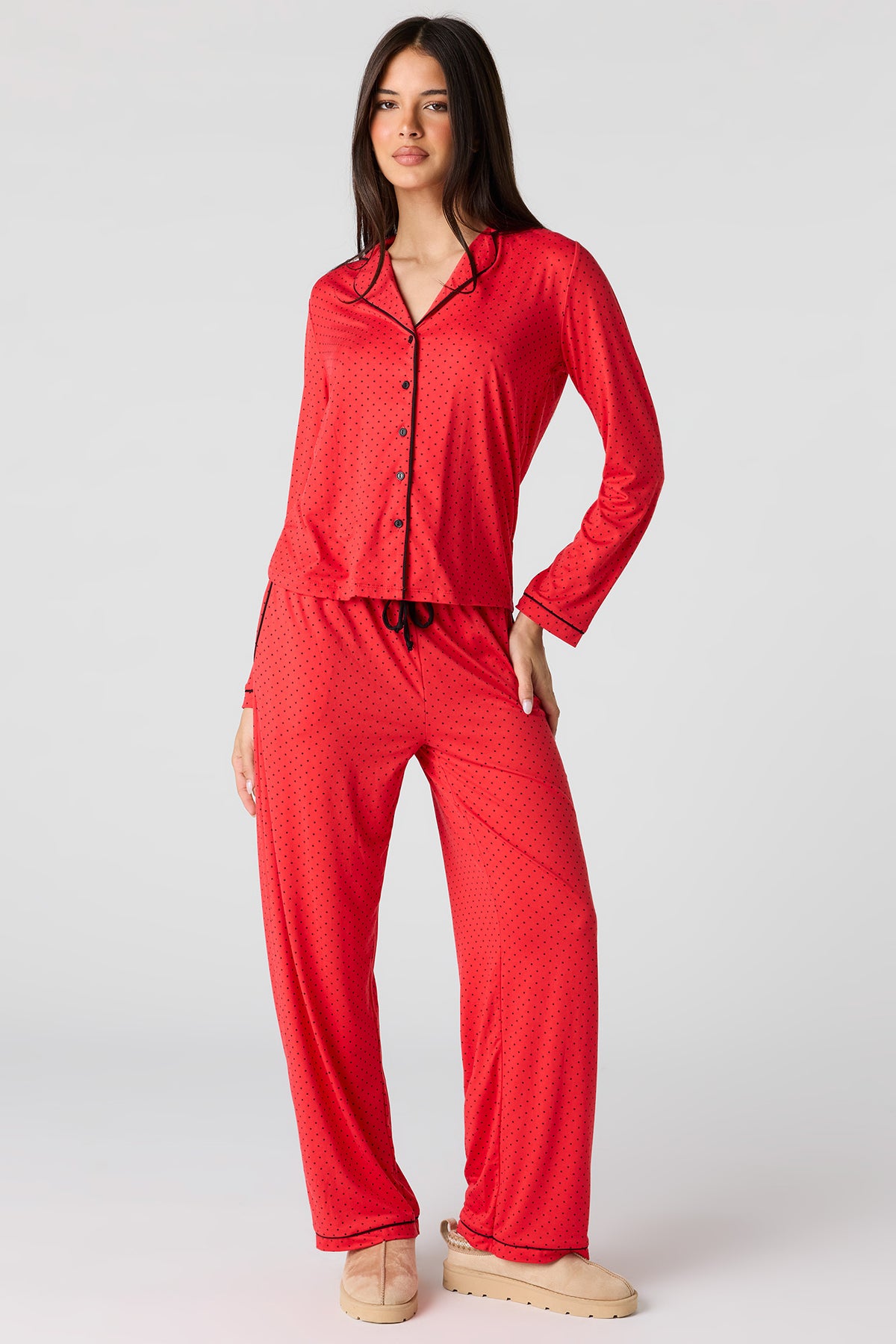 Button-Up Top & Pant Pajama Set - Red