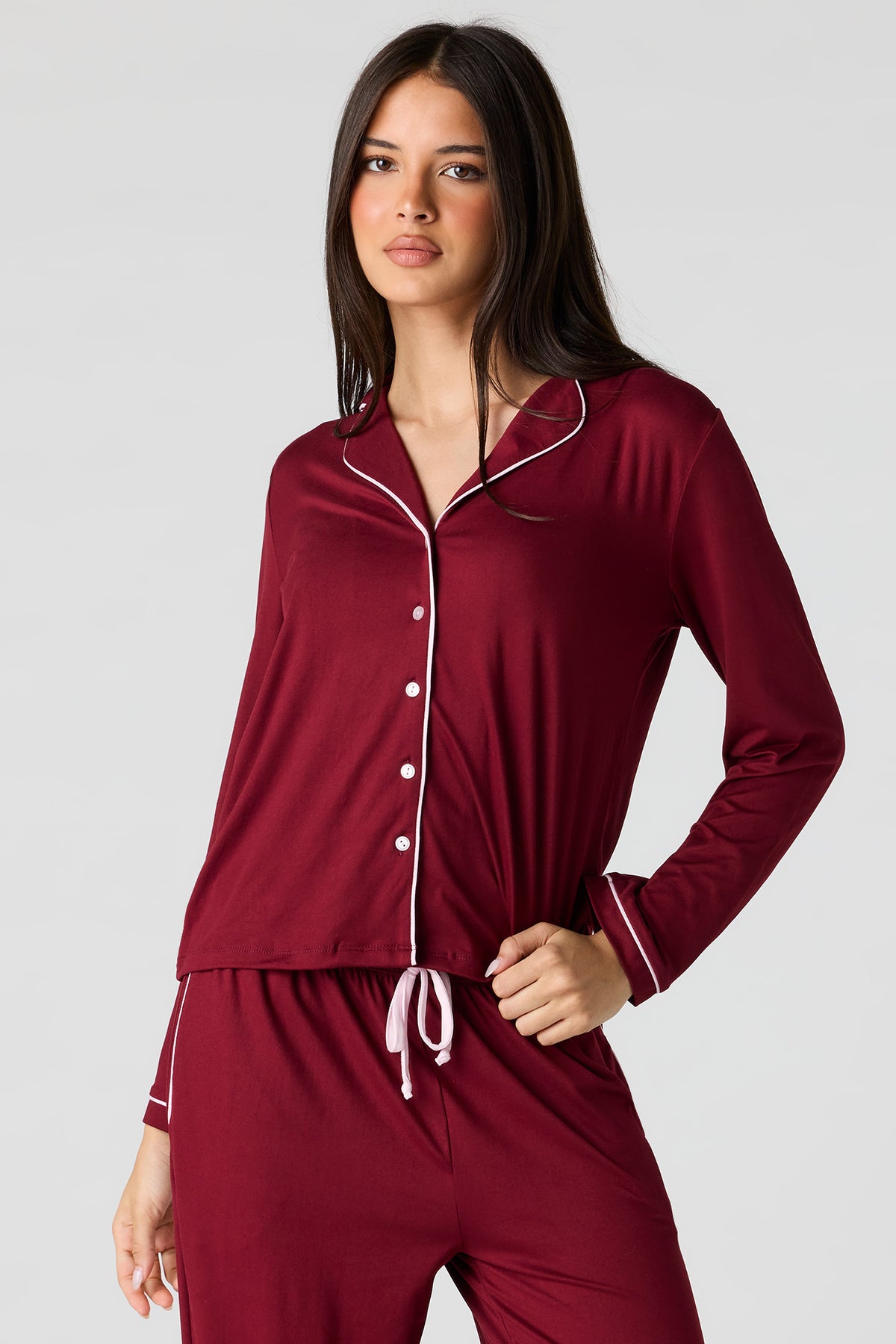 Alt View 2. Button-Up Top & Pant Pajama Set - Burgundy