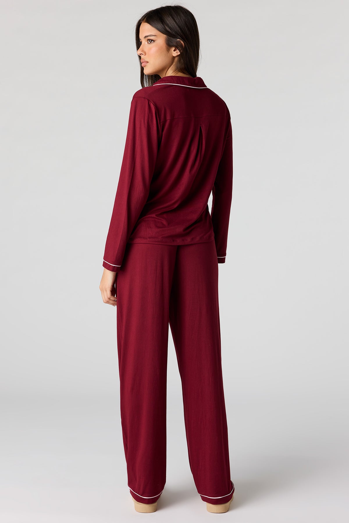 Alt View 4. Button-Up Top & Pant Pajama Set - Burgundy