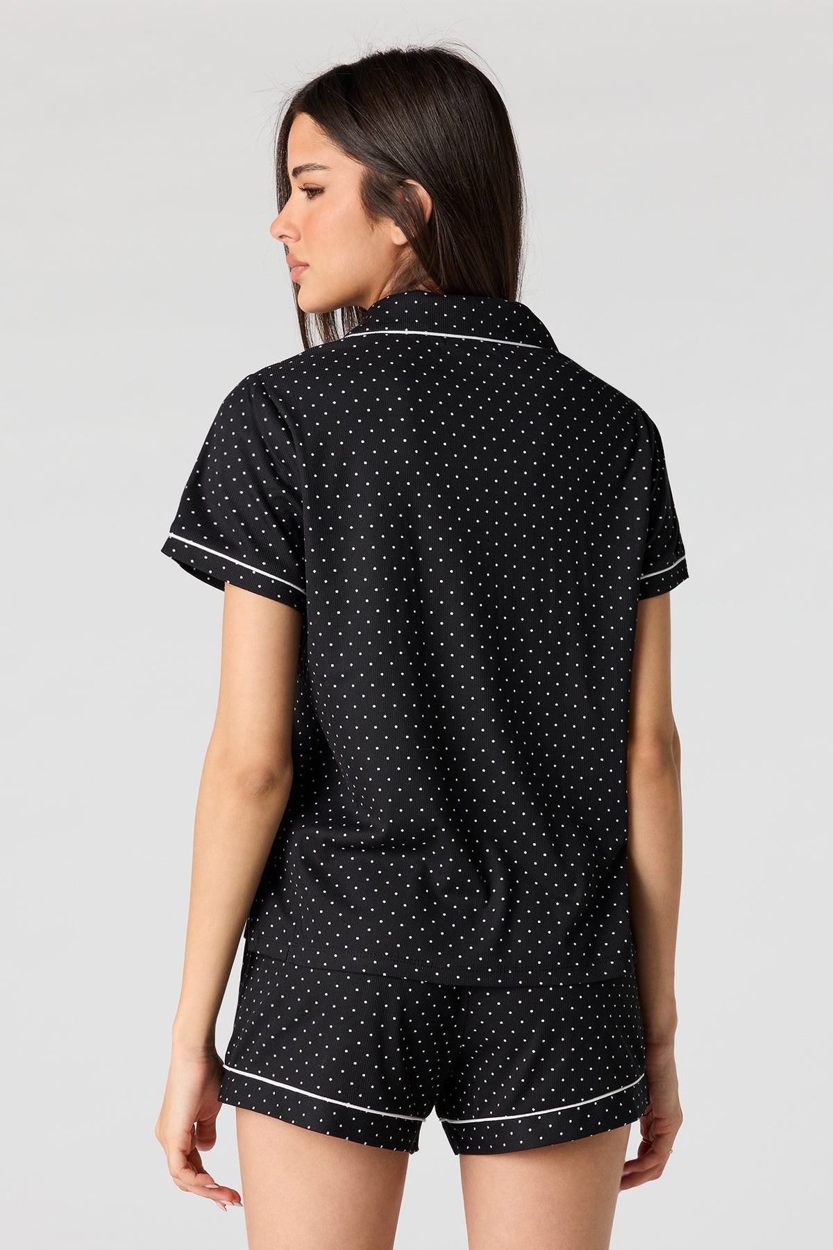Alt View 2. Printed Button-Up Top & Short Pajama Set - Black