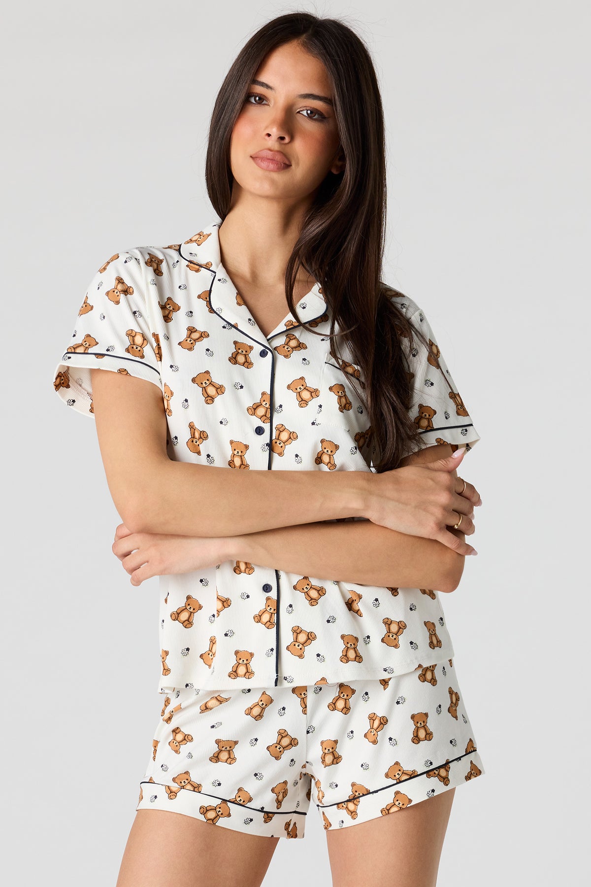 Printed Button-Up Top & Short Pajama Set - Cream