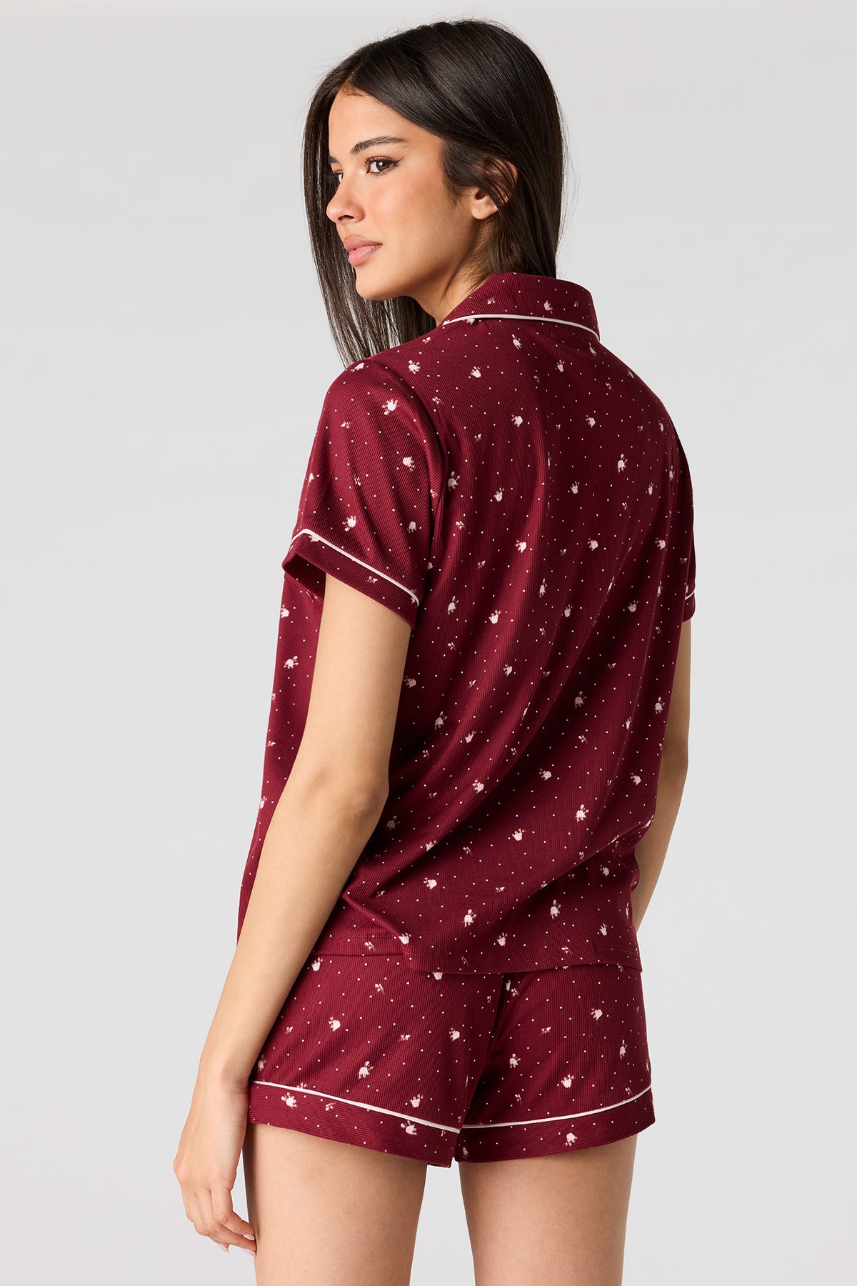 Alt View 2. Printed Button-Up Top & Short Pajama Set - Dark Red