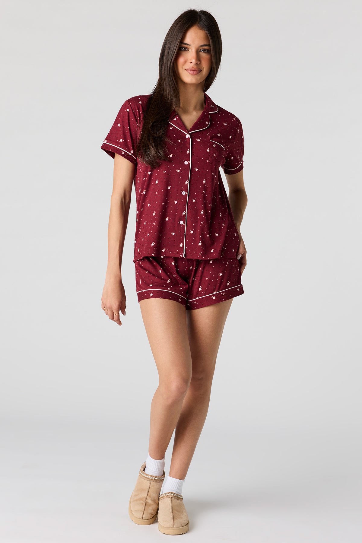 Alt View 3. Printed Button-Up Top & Short Pajama Set - Dark Red