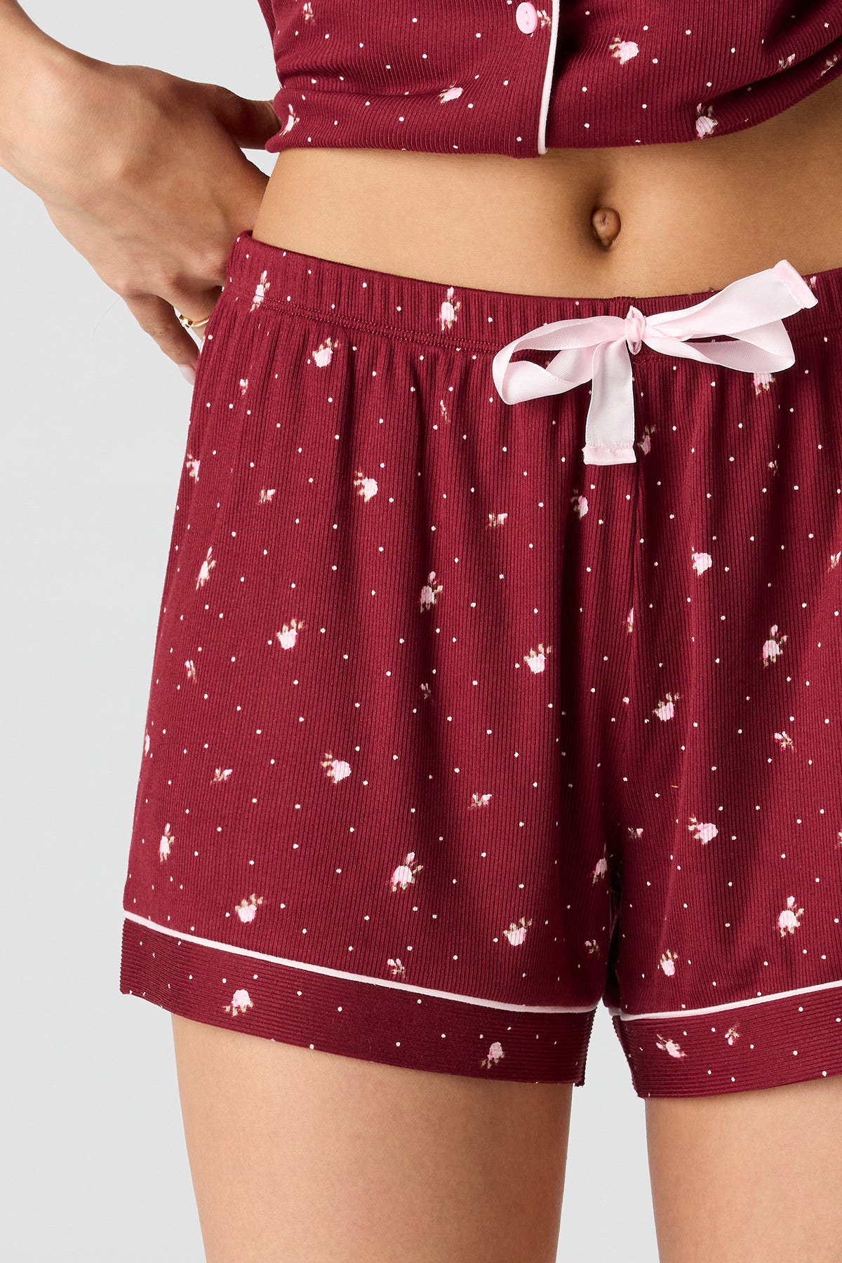 Alt View 4. Printed Button-Up Top & Short Pajama Set - Dark Red