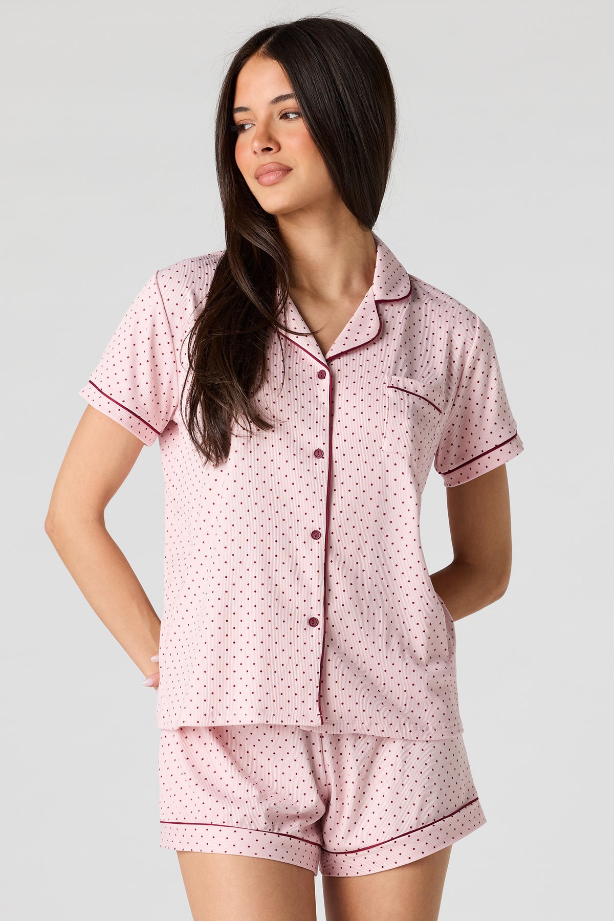 Printed Button-Up Top & Short Pajama Set - Pink