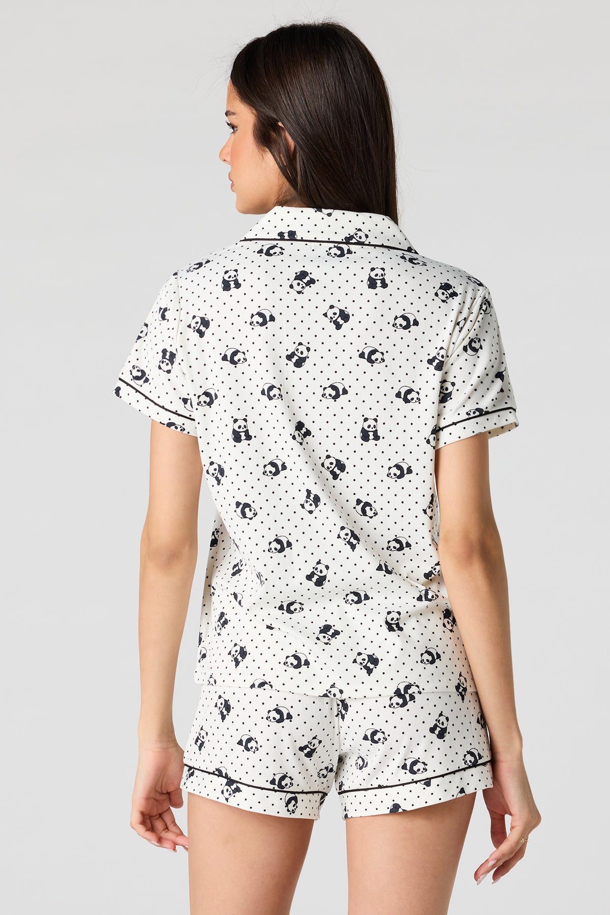 Alt View 2. Printed Button-Up Top & Short Pajama Set - Black with White
