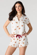 Printed Button-Up Collared Top & Short Pajama Set