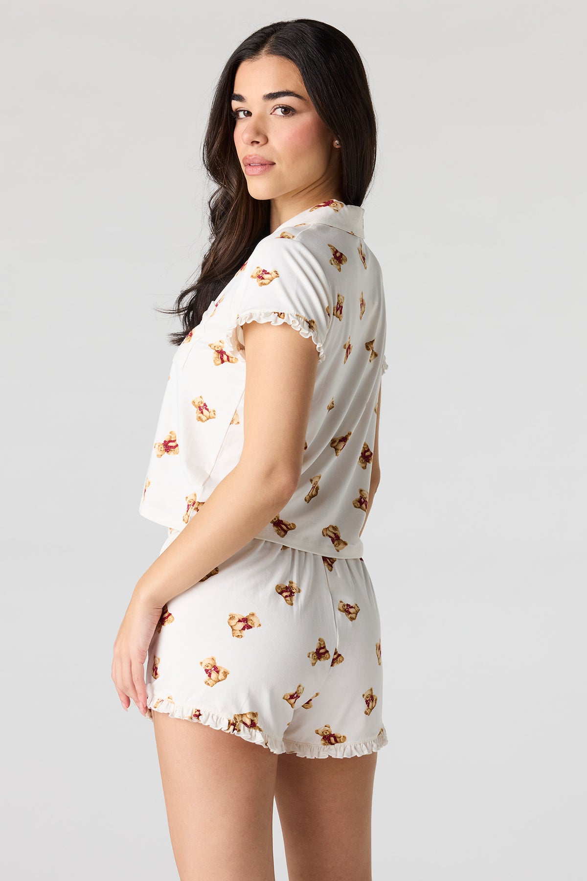 Alt View 2. Printed Button-Up Collared Top & Short Pajama Set - White
