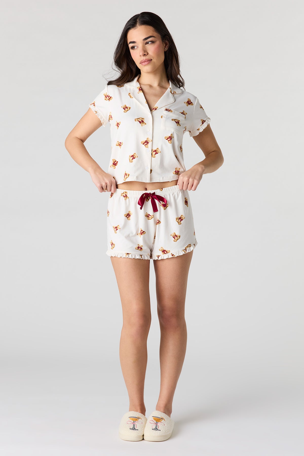 Alt View 3. Printed Button-Up Collared Top & Short Pajama Set - White