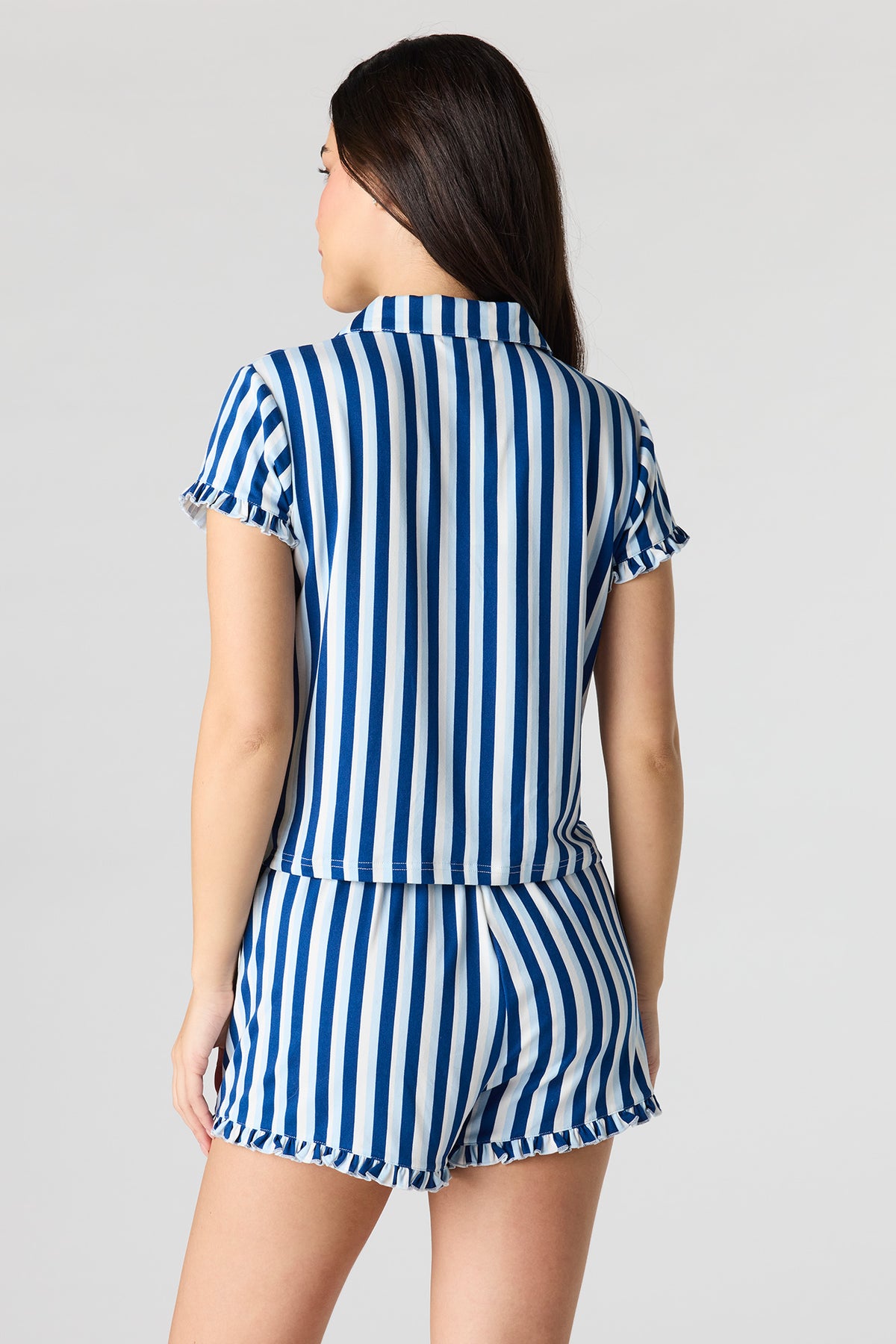 Alt View 2. Printed Button-Up Collared Top & Short Pajama Set - Dark Blue