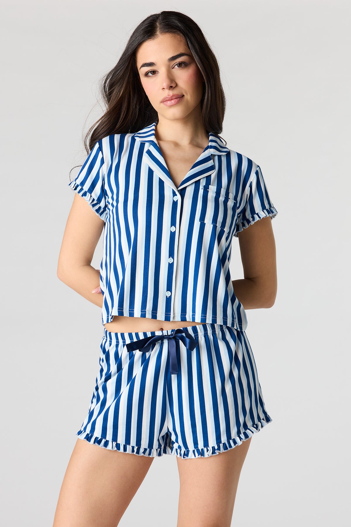 Printed Button-Up Collared Top & Short Pajama Set - Dark Blue