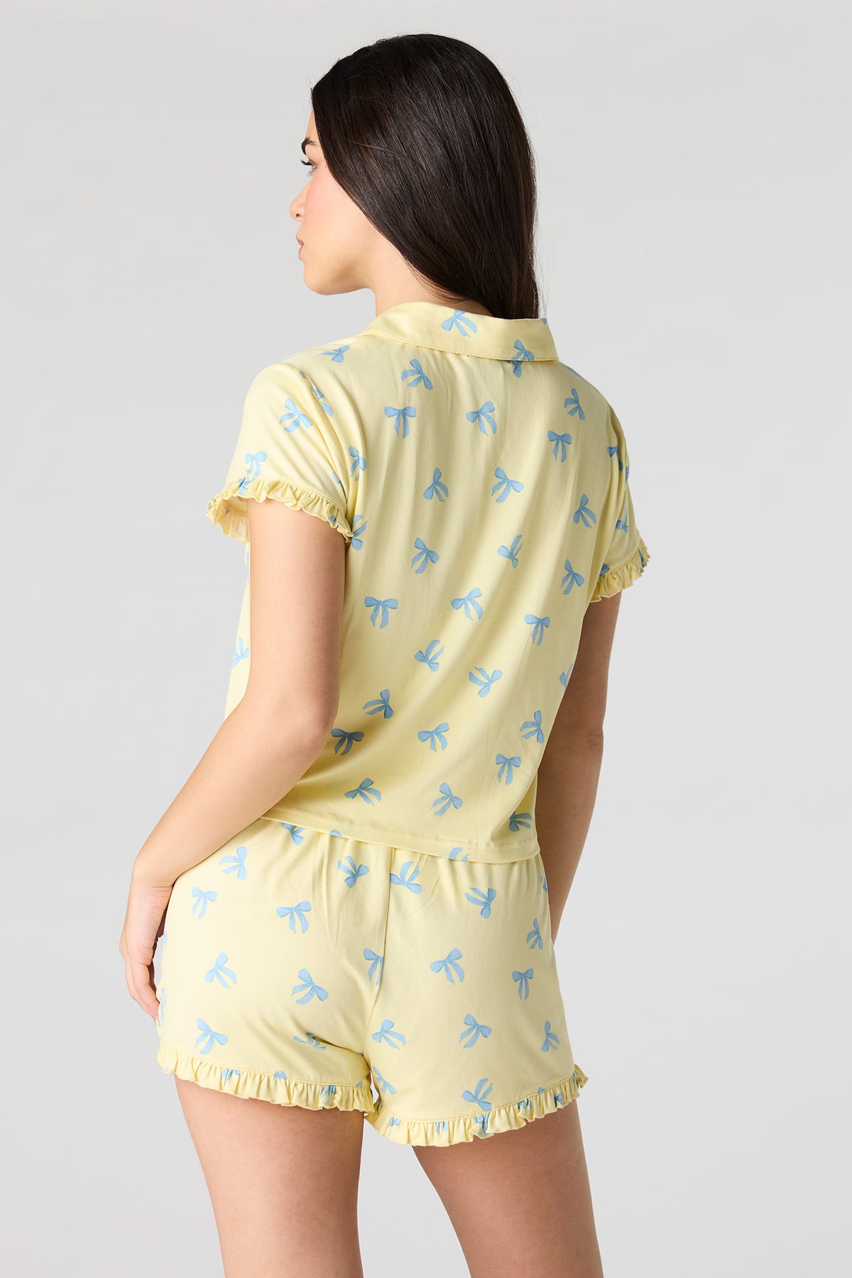 Alt View 2. Printed Button-Up Collared Top & Short Pajama Set - Pale Yellow