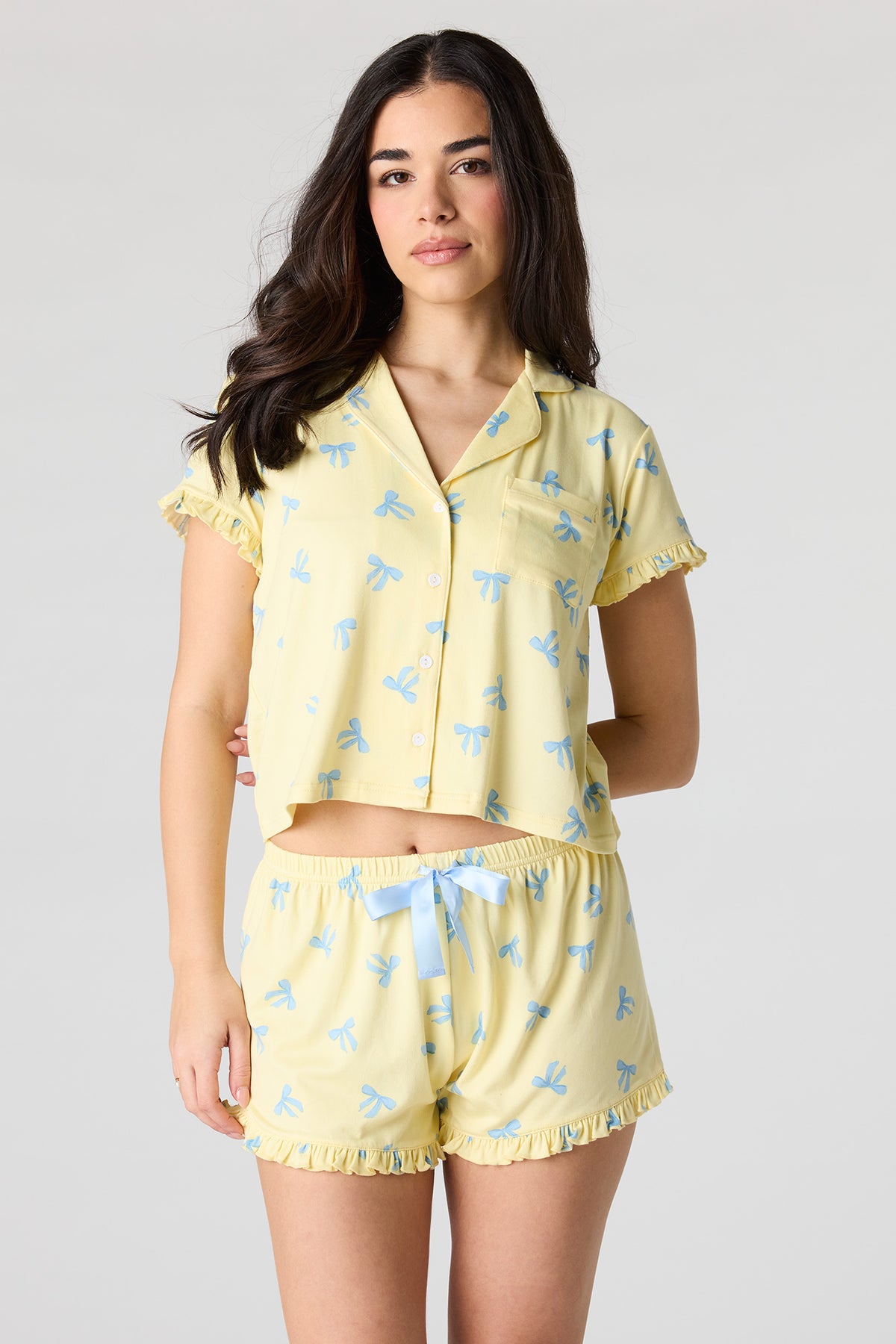 Printed Button-Up Collared Top & Short Pajama Set - Pale Yellow
