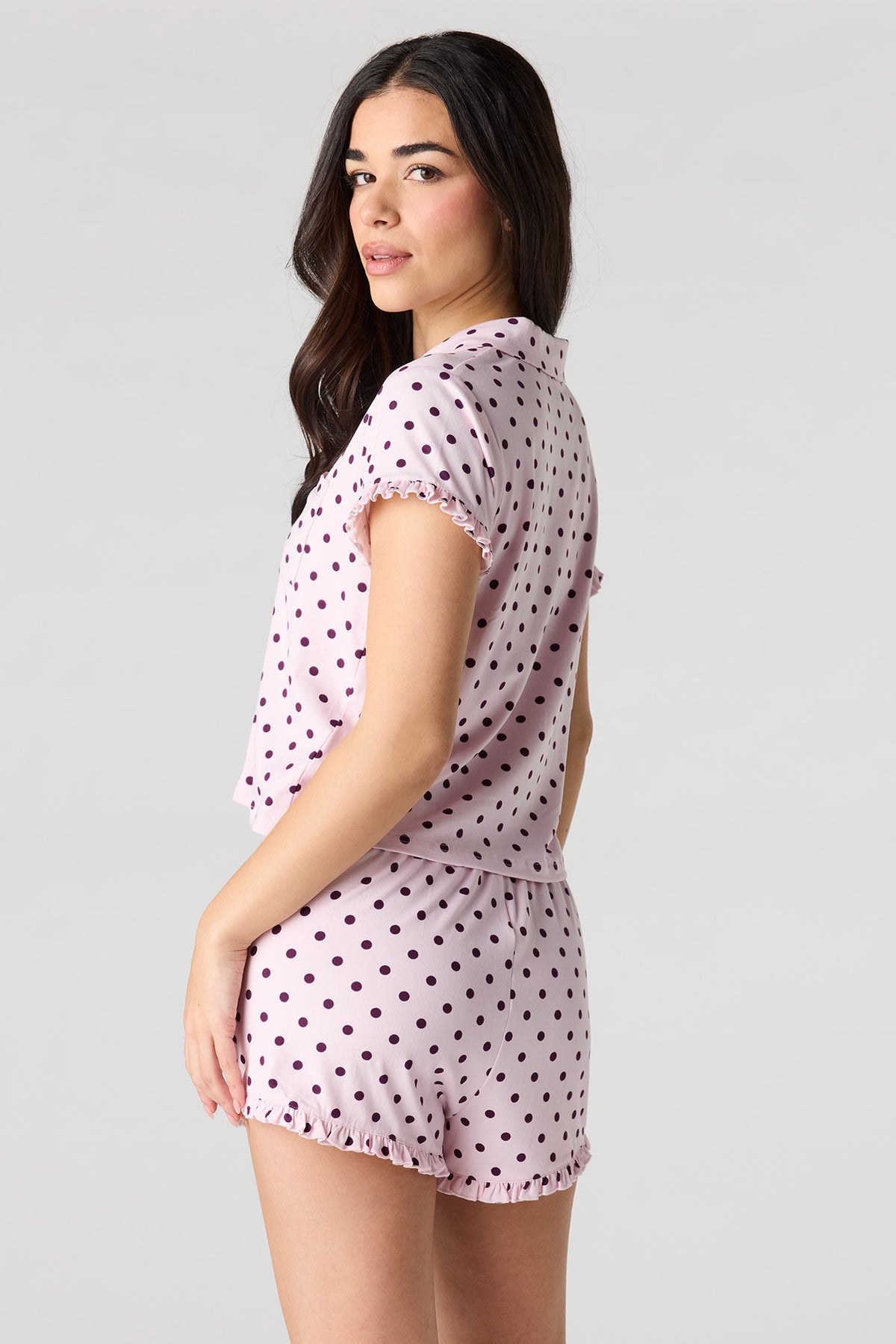 Alt View 2. Printed Button-Up Collared Top & Short Pajama Set - Pink