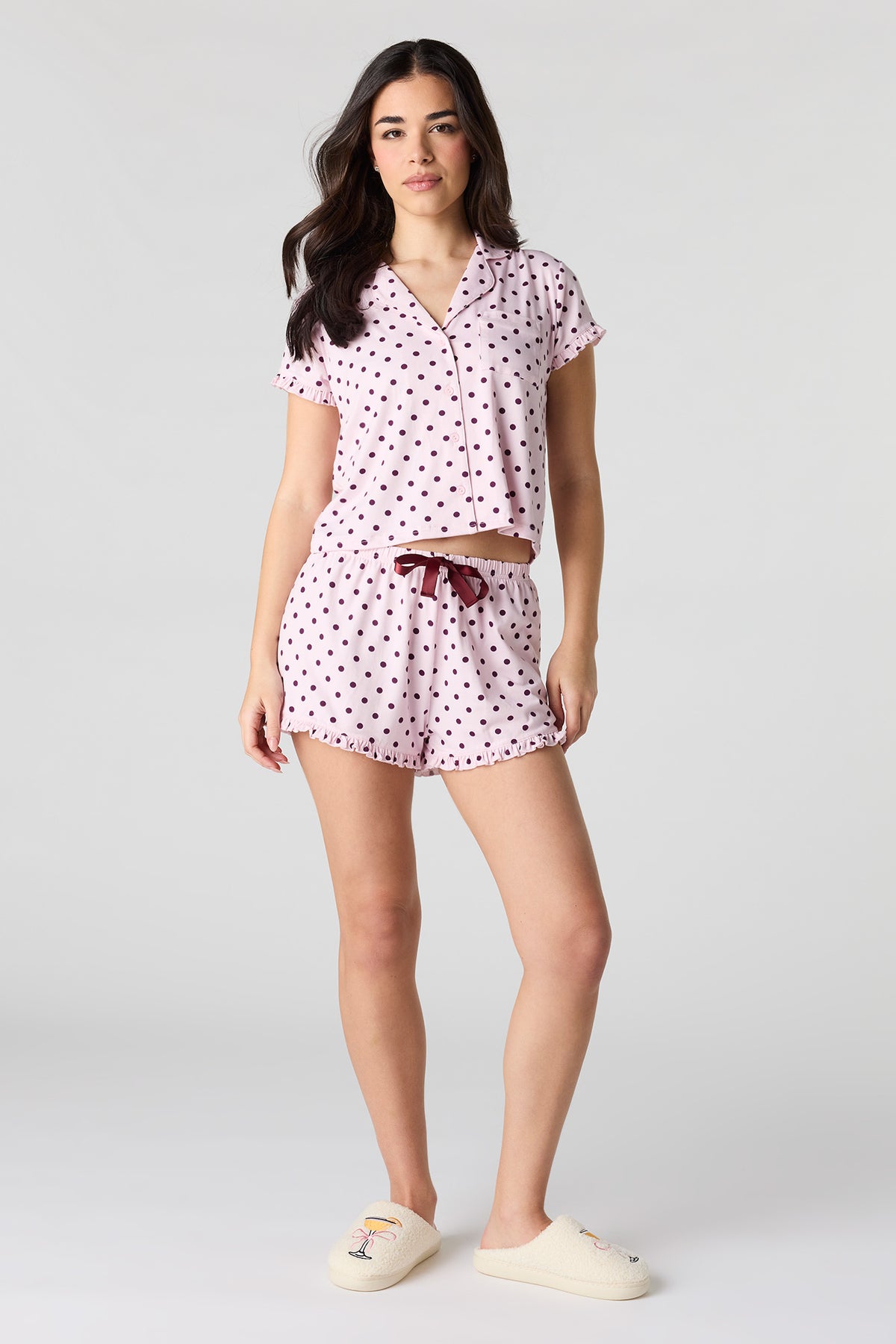 Alt View 3. Printed Button-Up Collared Top & Short Pajama Set - Pink