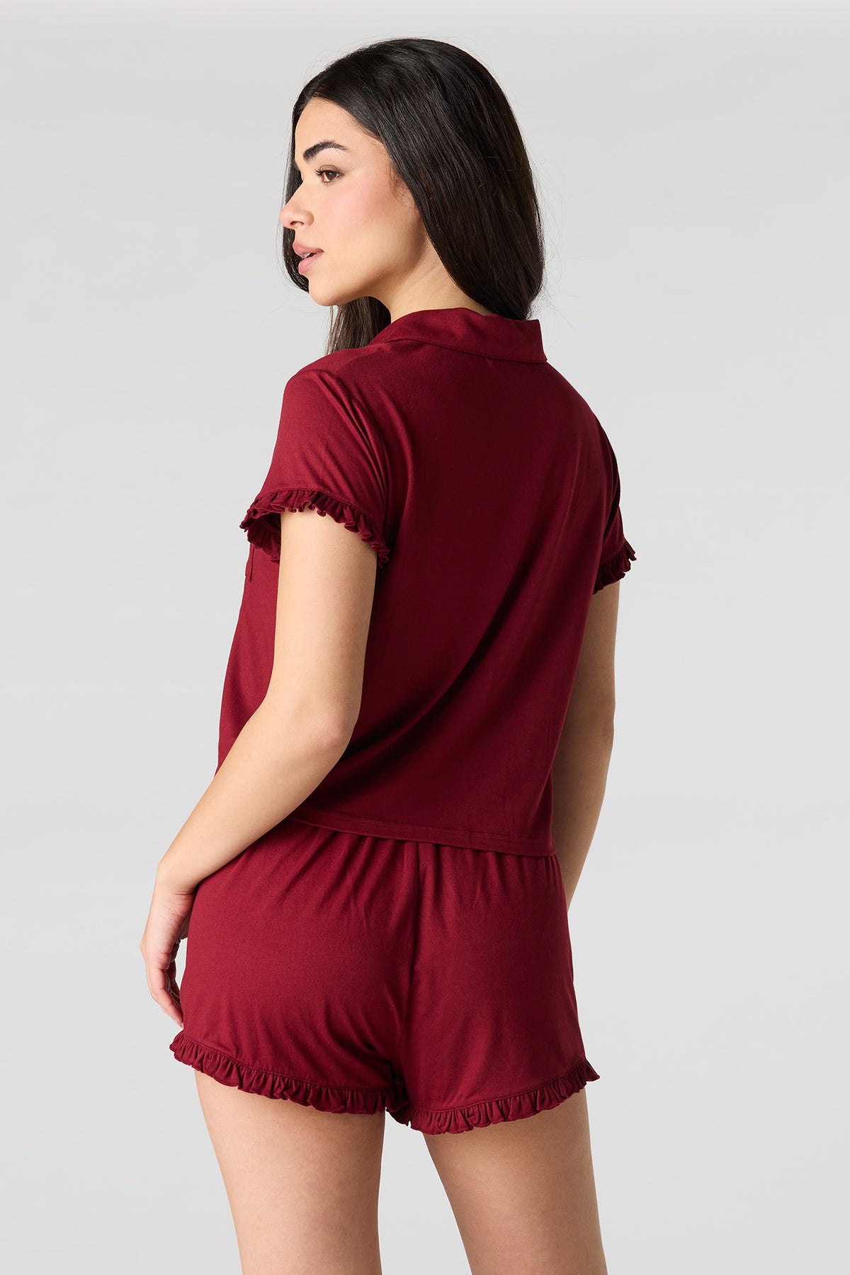 Alt View 2. Printed Button-Up Collared Top & Short Pajama Set - Burgundy