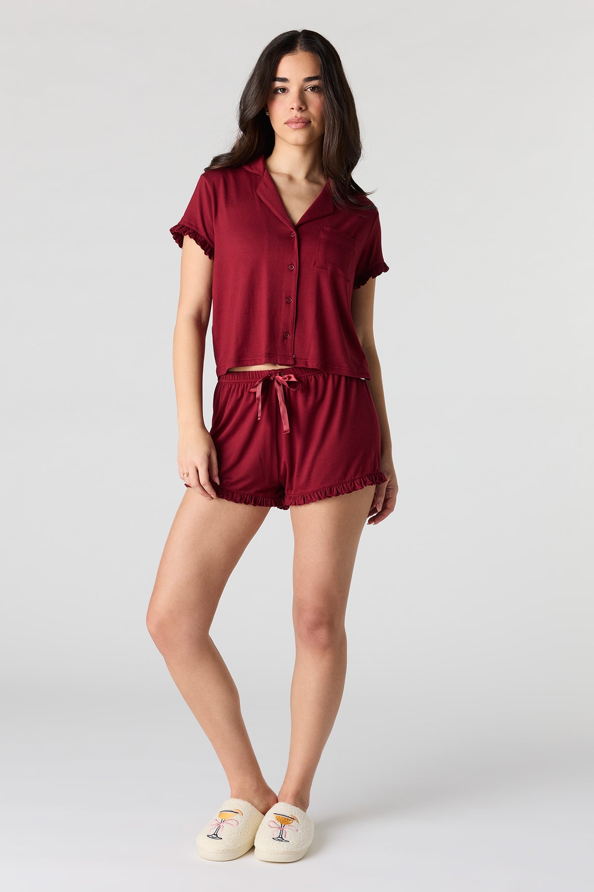 Alt View 3. Printed Button-Up Collared Top & Short Pajama Set - Burgundy