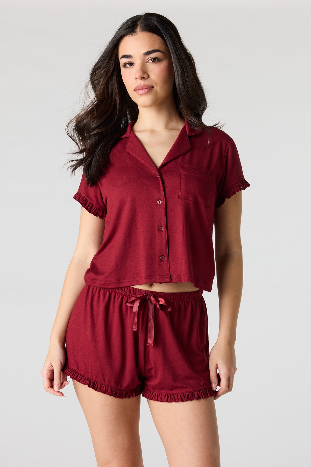 Printed Button-Up Collared Top & Short Pajama Set - Burgundy