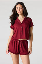 Printed Button-Up Collared Top & Short Pajama Set