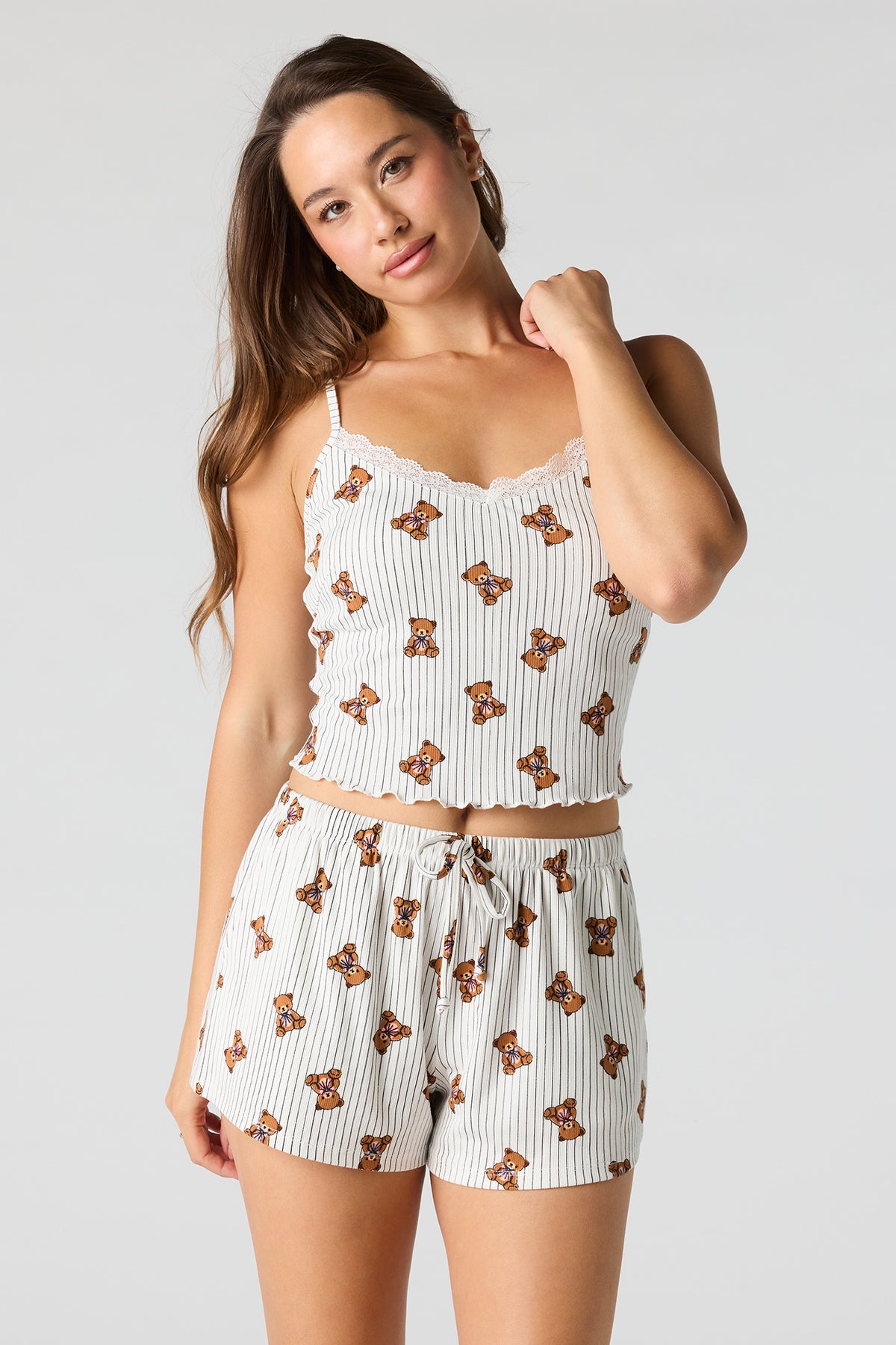 Alt View 2. Ribbed Printed Top, Short & Pant 3 Piece Pajama Set - White