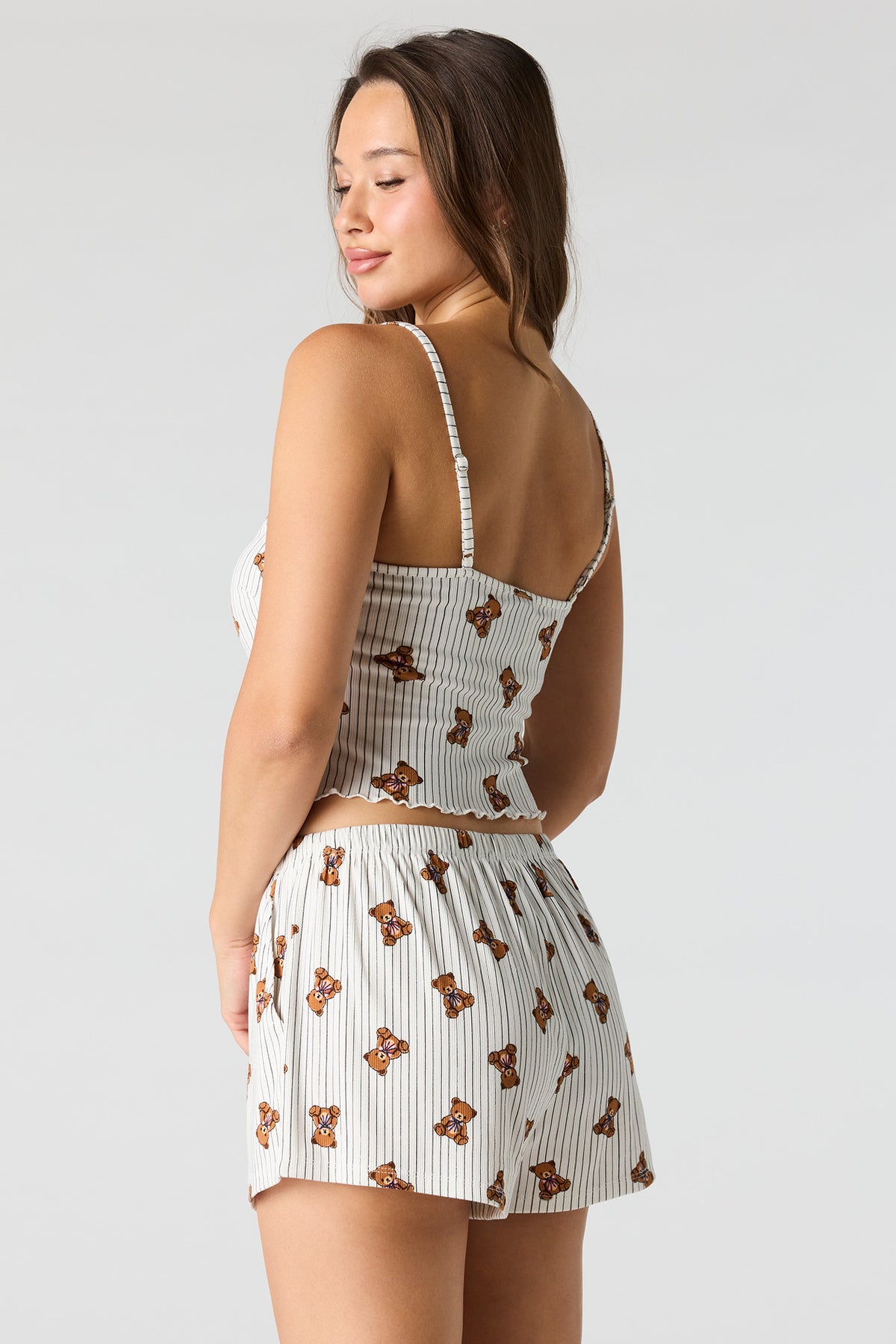 Alt View 4. Ribbed Printed Top, Short & Pant 3 Piece Pajama Set - White