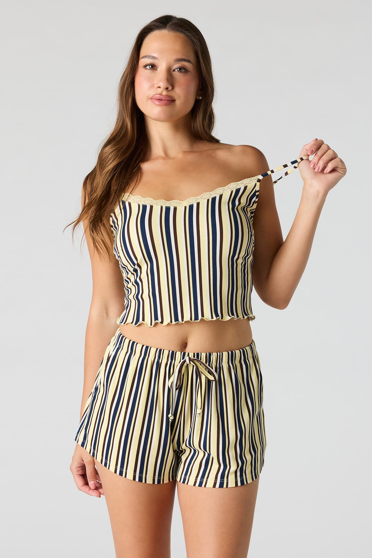 Alt View 2. Ribbed Printed Top, Short & Pant 3 Piece Pajama Set - Pale Yellow
