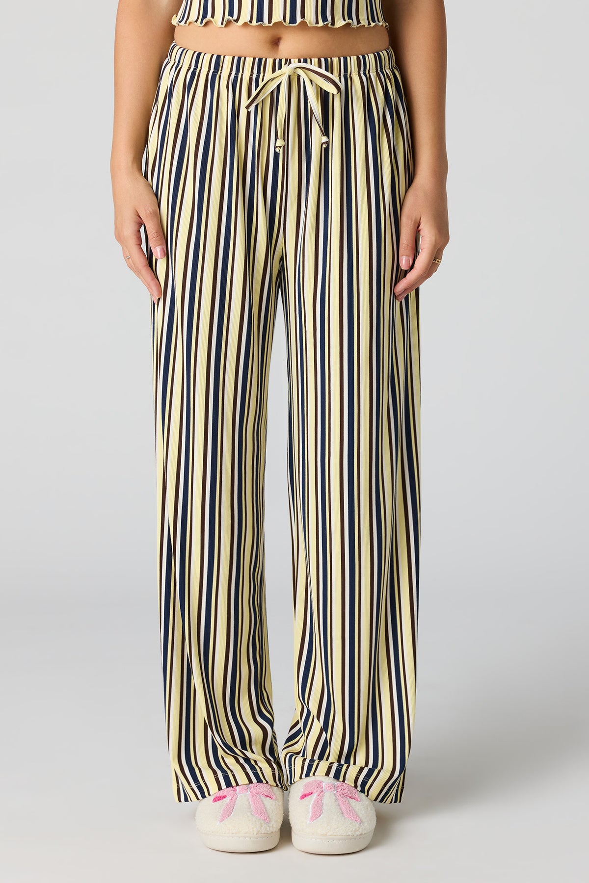 Alt View 3. Ribbed Printed Top, Short & Pant 3 Piece Pajama Set - Pale Yellow