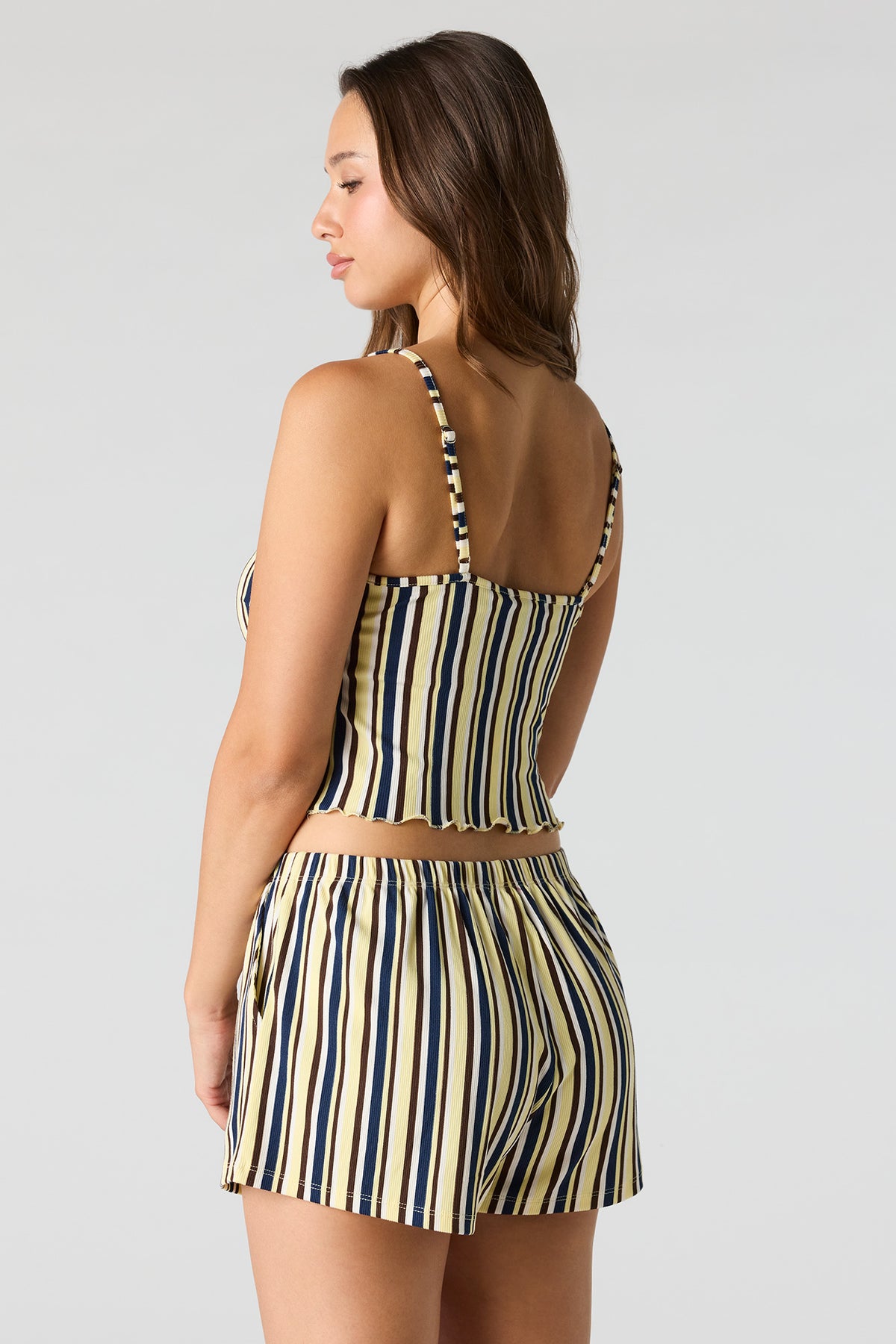Alt View 4. Ribbed Printed Top, Short & Pant 3 Piece Pajama Set - Pale Yellow