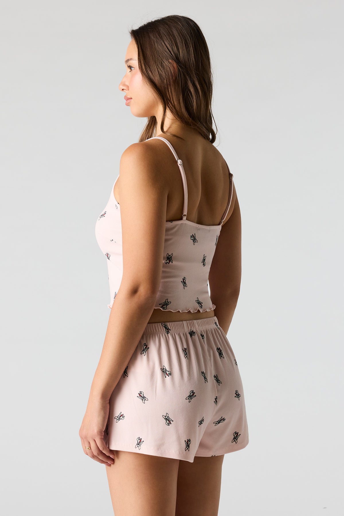 Alt View 4. Ribbed Printed Top, Short & Pant 3 Piece Pajama Set - Pink