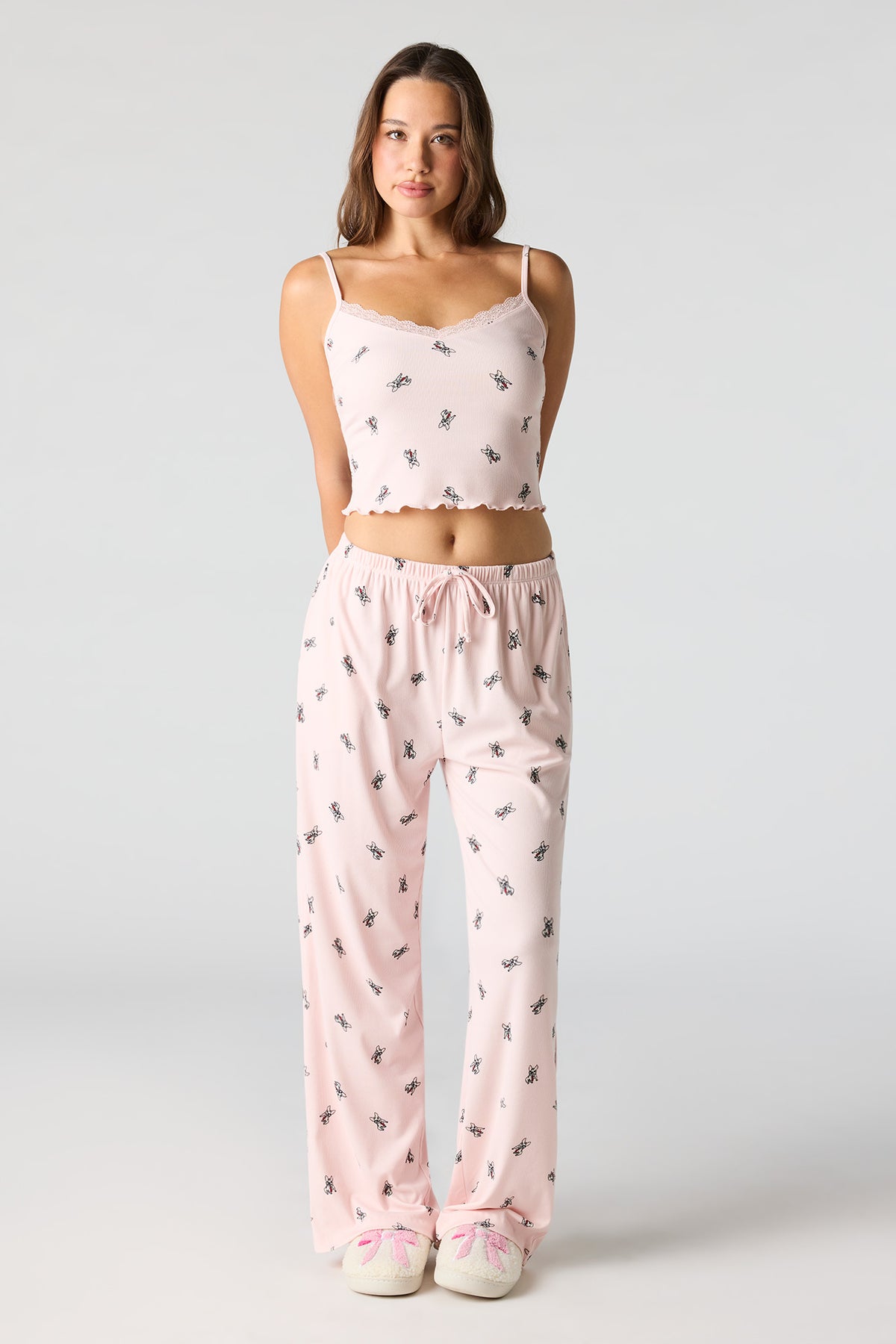 Ribbed Printed Top, Short & Pant 3 Piece Pajama Set - Pink