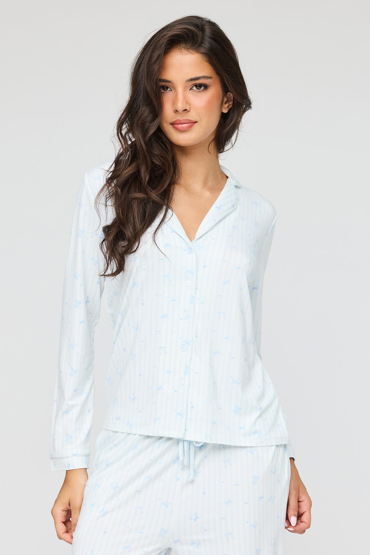 Alt View 2. Long Sleeve Button-Up Top & Pant Pajama Set - Light Blue