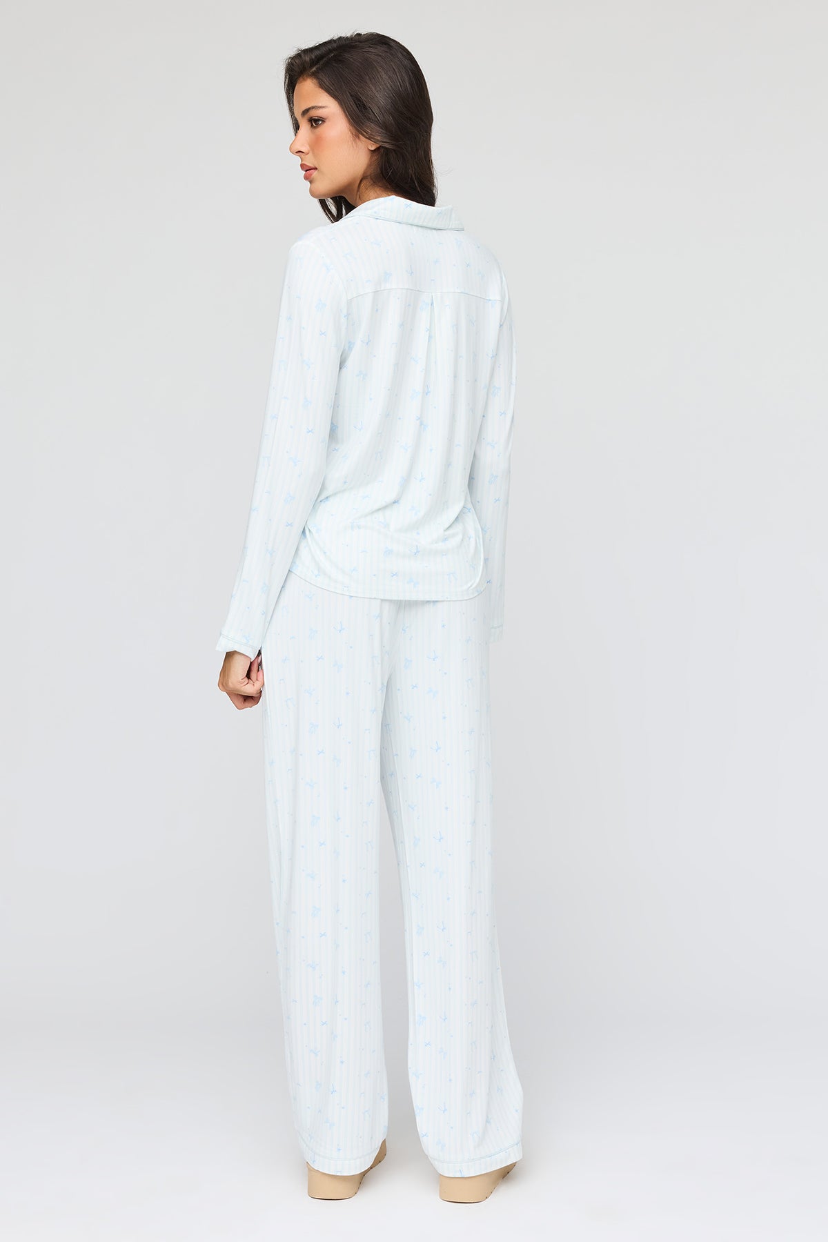 Alt View 4. Long Sleeve Button-Up Top & Pant Pajama Set - Light Blue