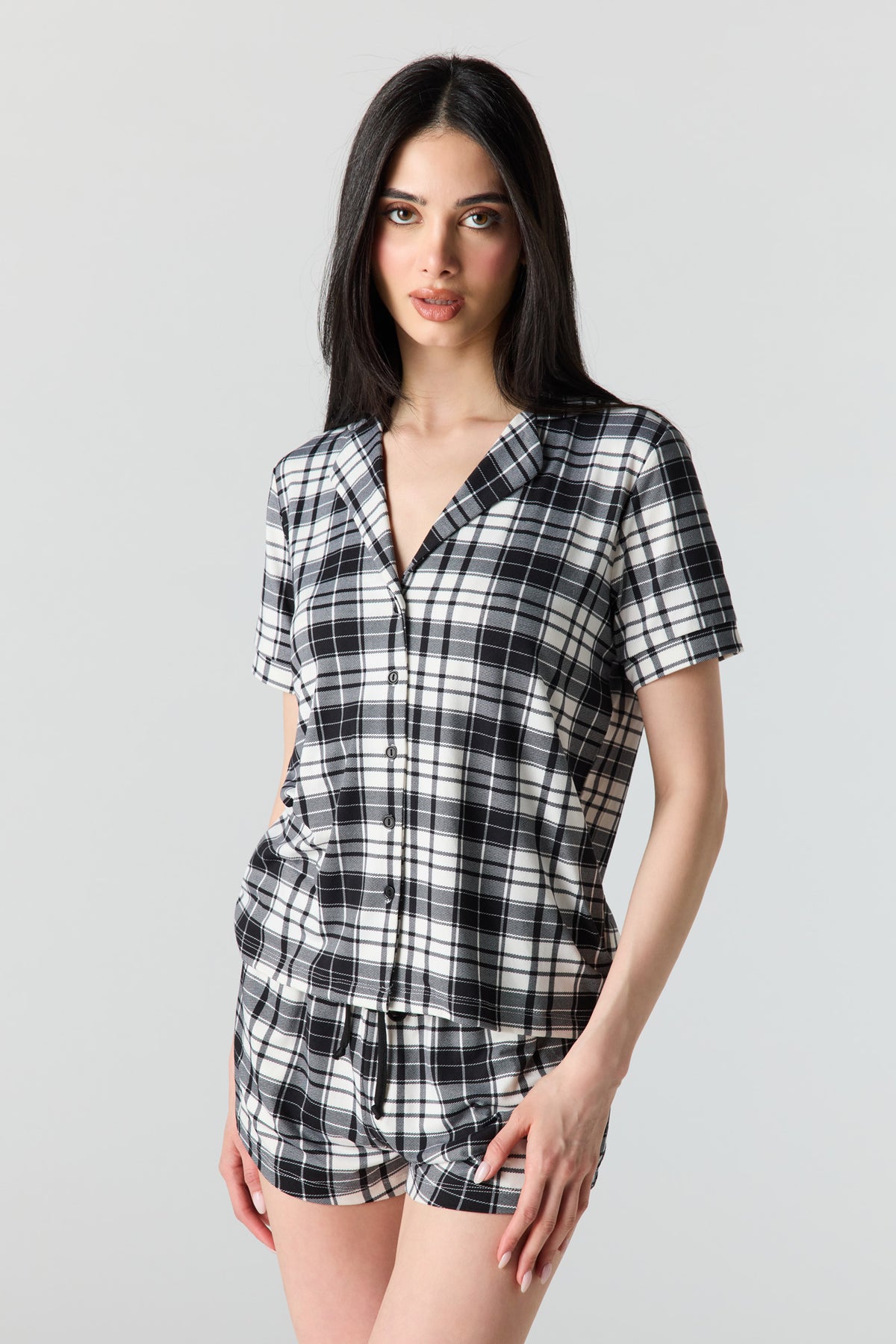 Alt View 2. Button-Up Collared Top & Pajama Pant & Short Set (3 Pieces) - Black