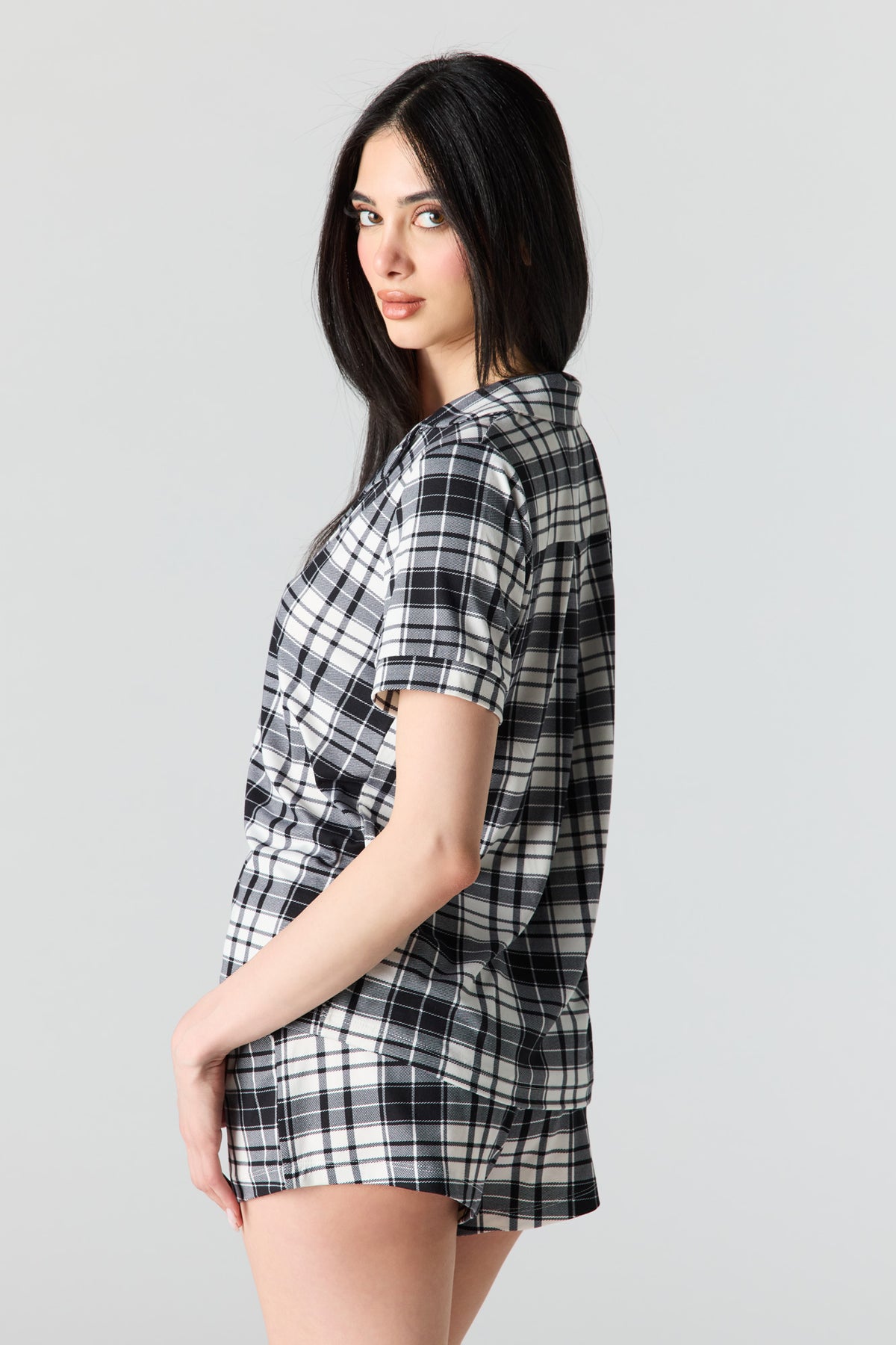Alt View 4. Button-Up Collared Top & Pajama Pant & Short Set (3 Pieces) - Black
