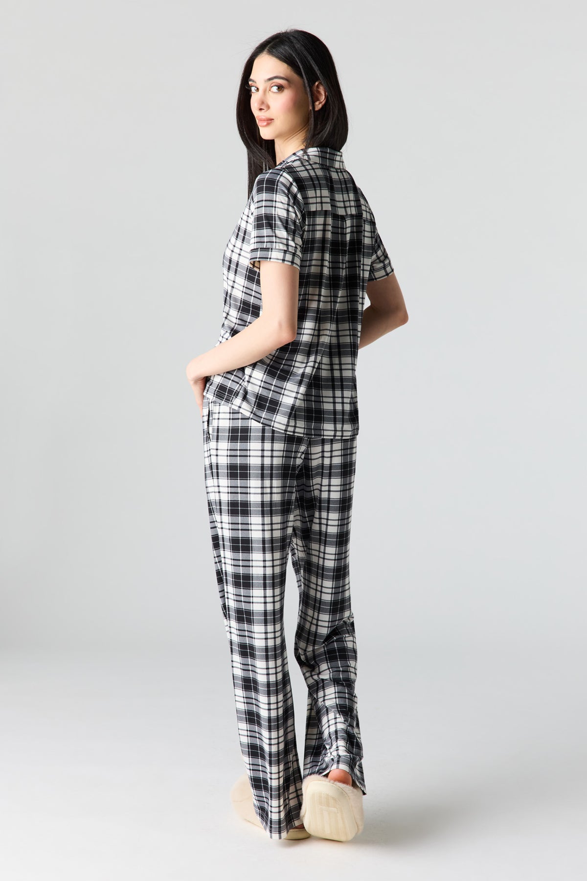 Alt View 5. Button-Up Collared Top & Pajama Pant & Short Set (3 Pieces) - Black