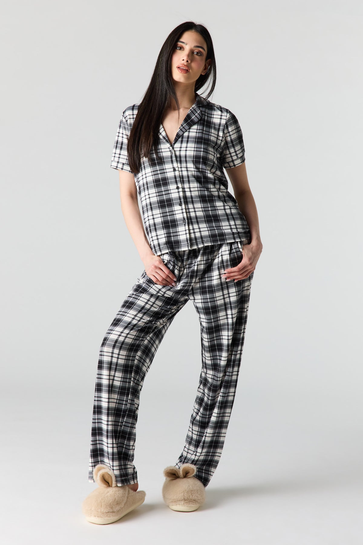 Button-Up Collared Top & Pajama Pant & Short Set (3 Pieces) - Black