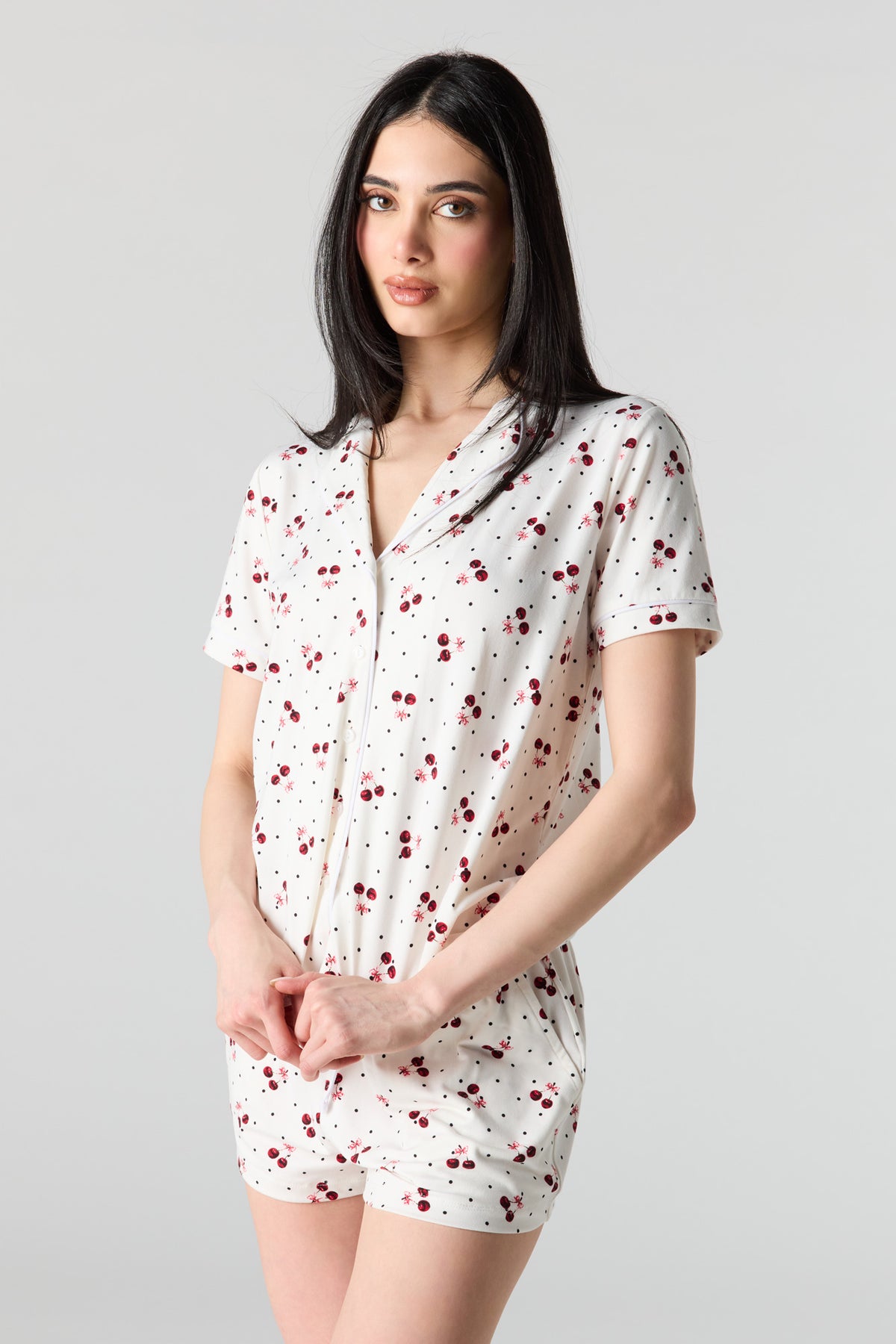 Alt View 2. Button-Up Collared Top & Pajama Pant & Short Set (3 Pieces) - White