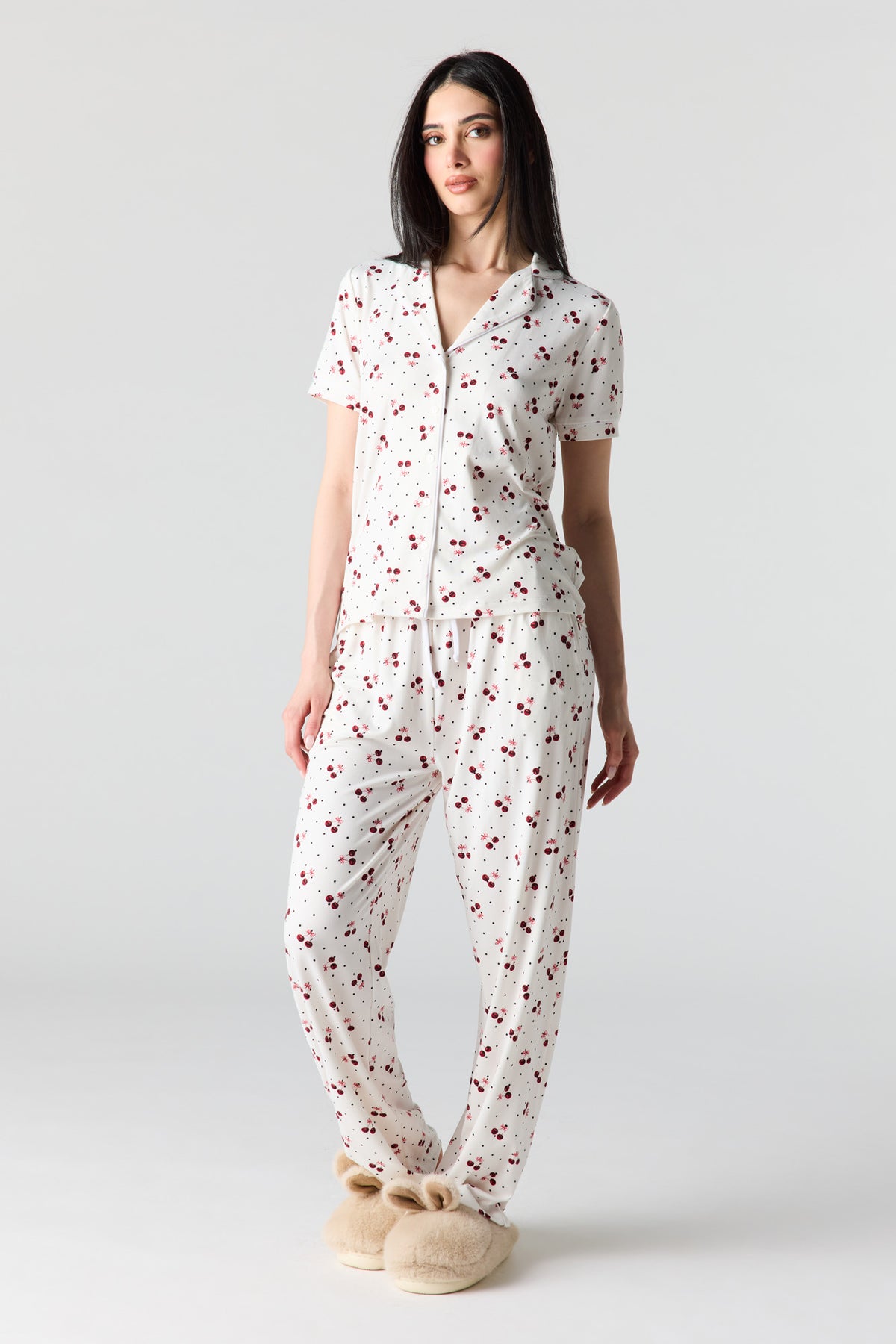 Button-Up Collared Top & Pajama Pant & Short Set (3 Pieces) - White