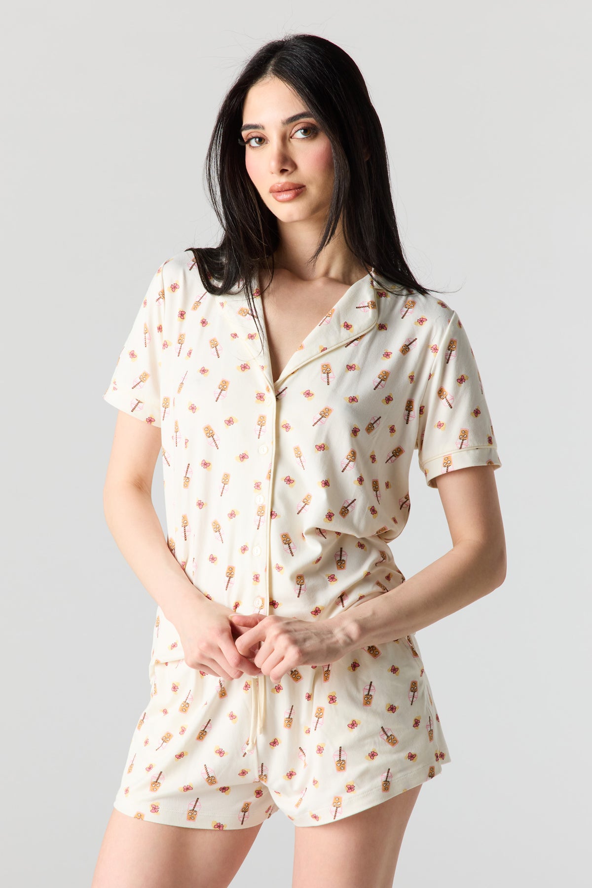 Alt View 2. Button-Up Collared Top & Pajama Pant & Short Set (3 Pieces) - Off White