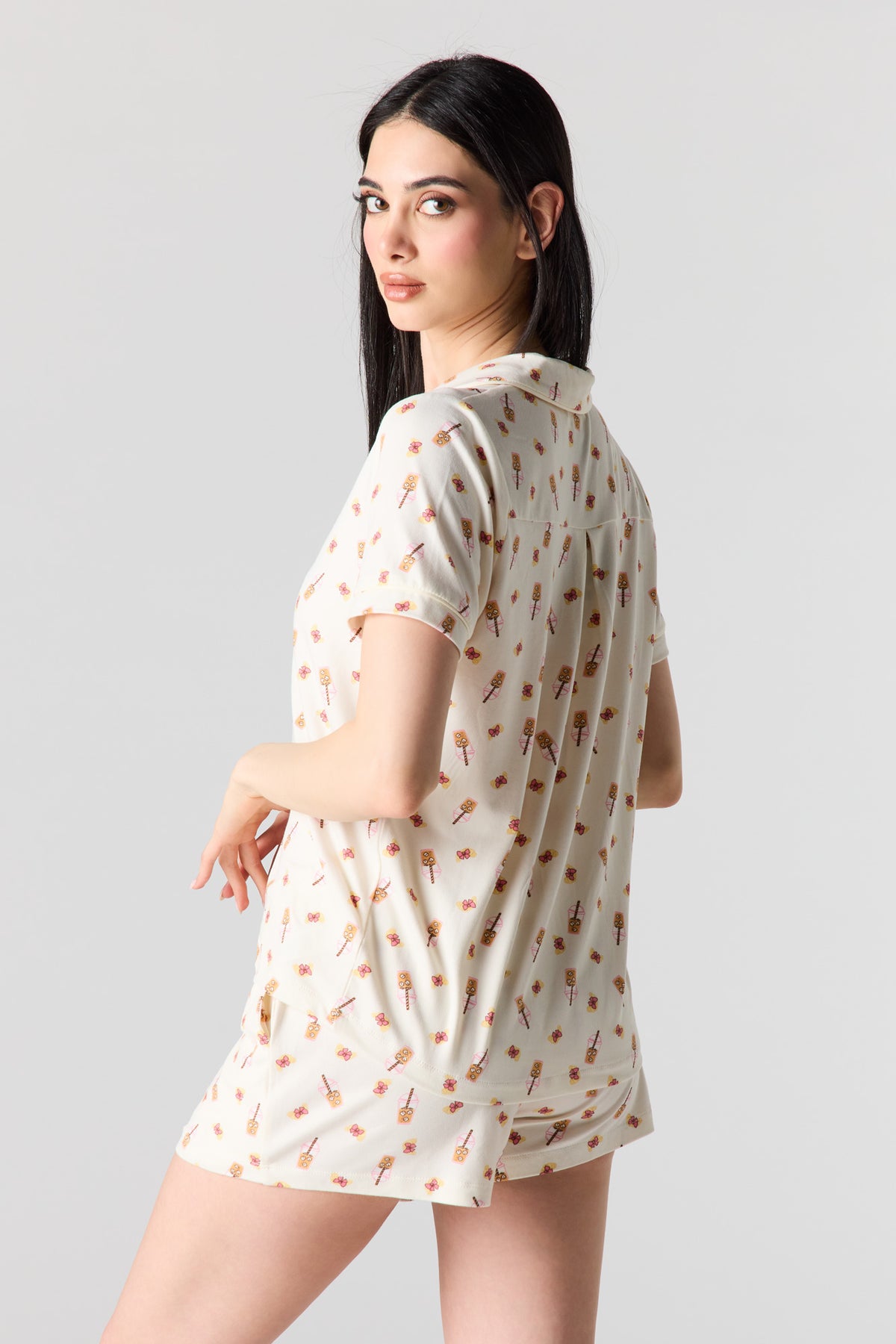 Alt View 4. Button-Up Collared Top & Pajama Pant & Short Set (3 Pieces) - Off White
