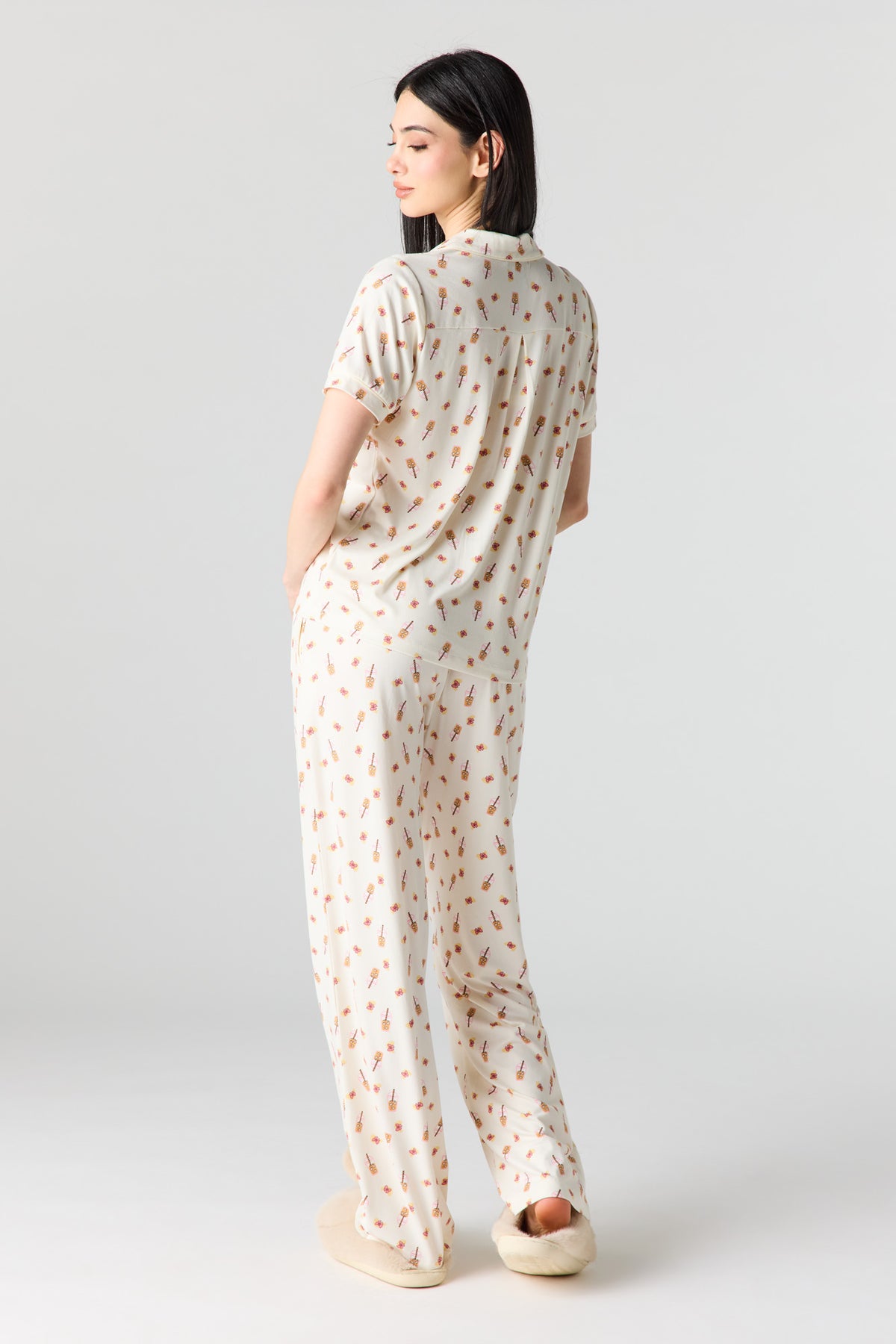 Alt View 5. Button-Up Collared Top & Pajama Pant & Short Set (3 Pieces) - Off White