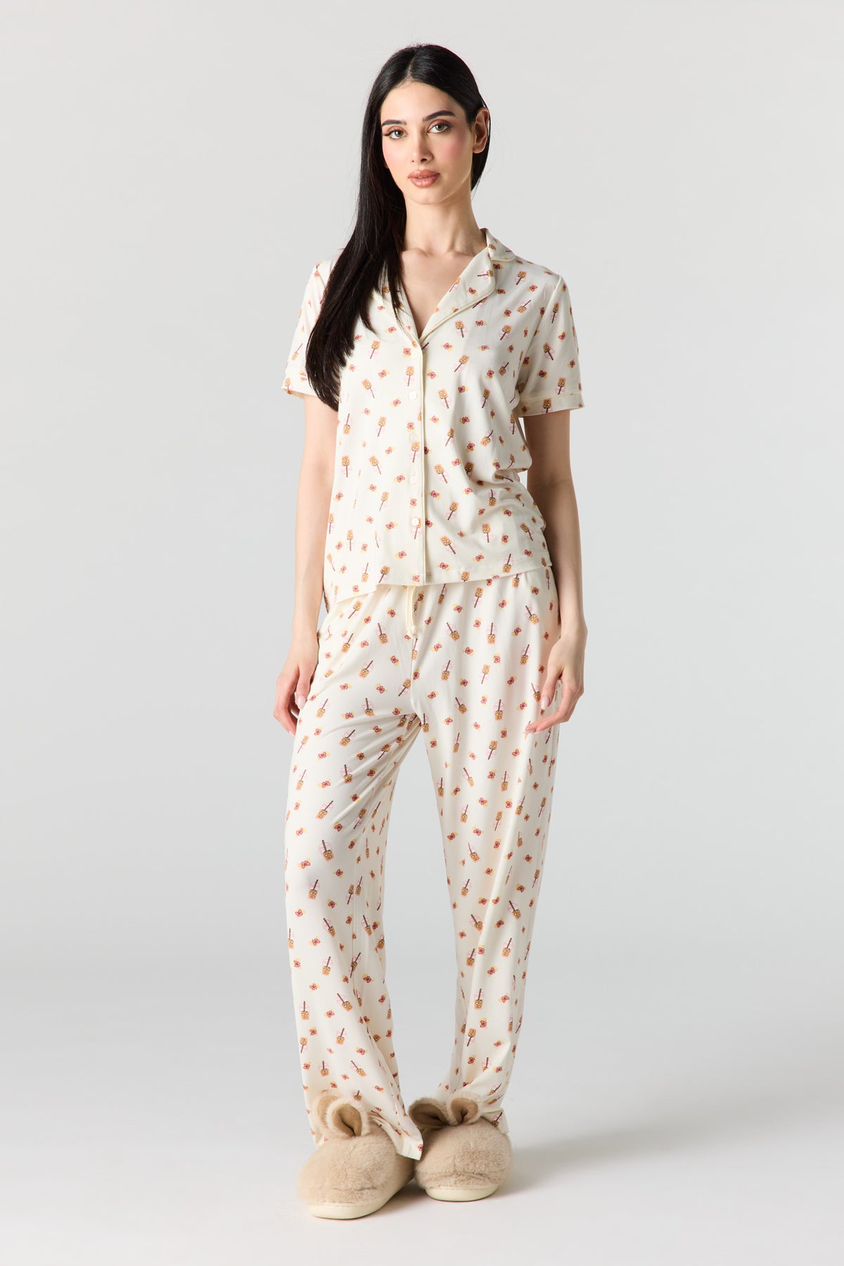 Button-Up Collared Top & Pajama Pant & Short Set (3 Pieces) - Off White