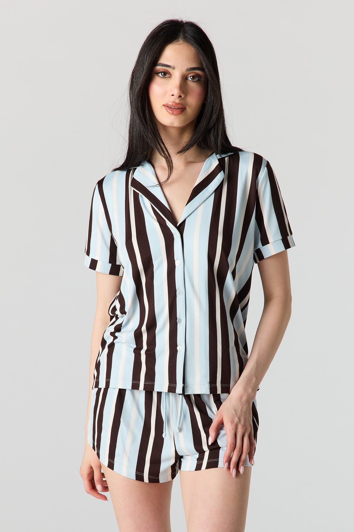 Alt View 2. Button-Up Collared Top & Pajama Pant & Short Set (3 Pieces) - Cream