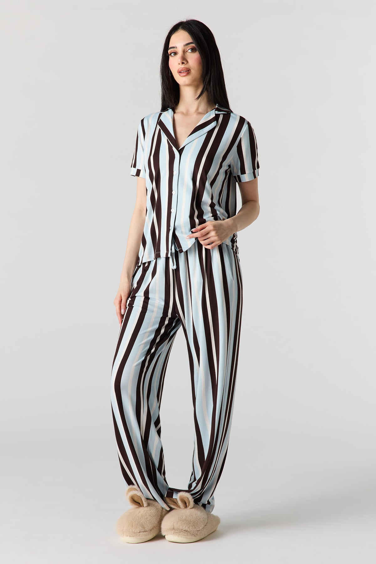 Button-Up Collared Top & Pajama Pant & Short Set (3 Pieces) - Cream