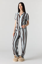 Button-Up Collared Top & Pajama Pant & Short Set (3 Pieces)