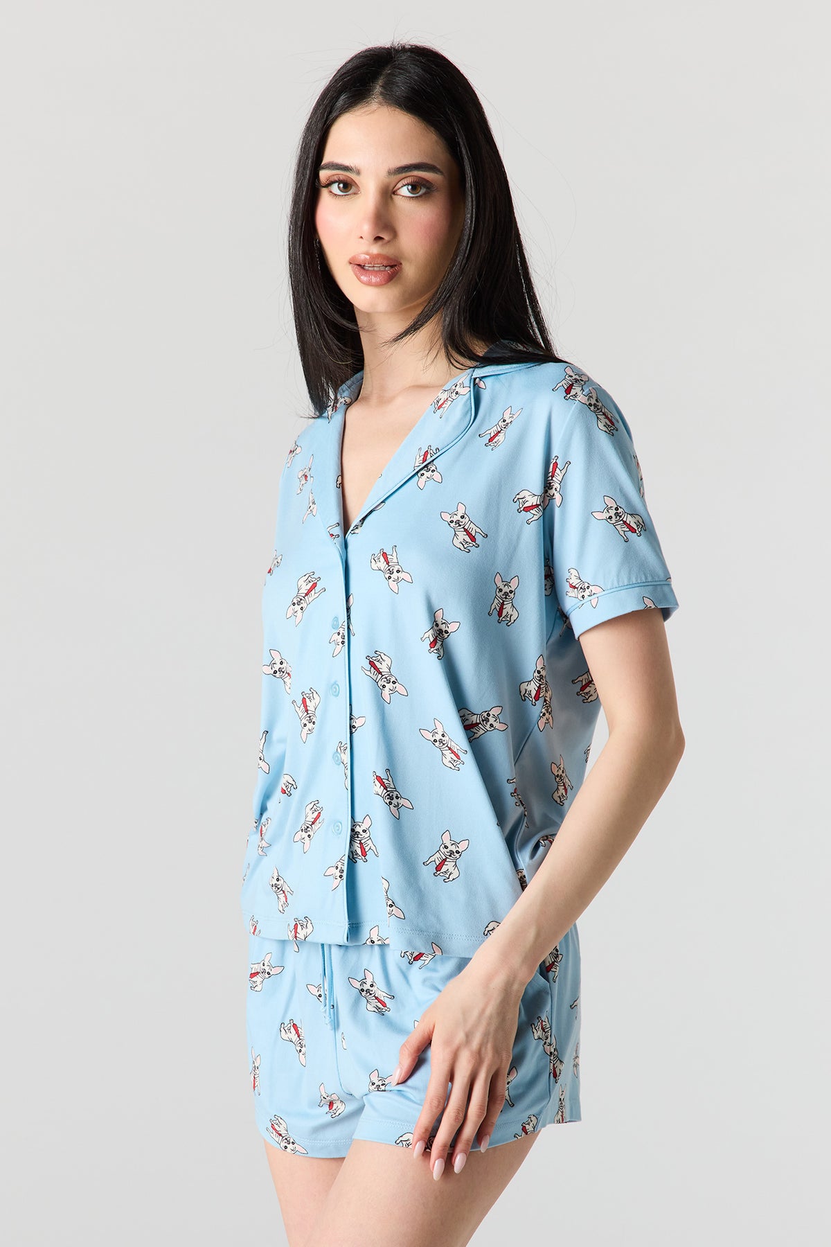 Alt View 2. Button-Up Collared Top & Pajama Pant & Short Set (3 Pieces) - Baby Blue
