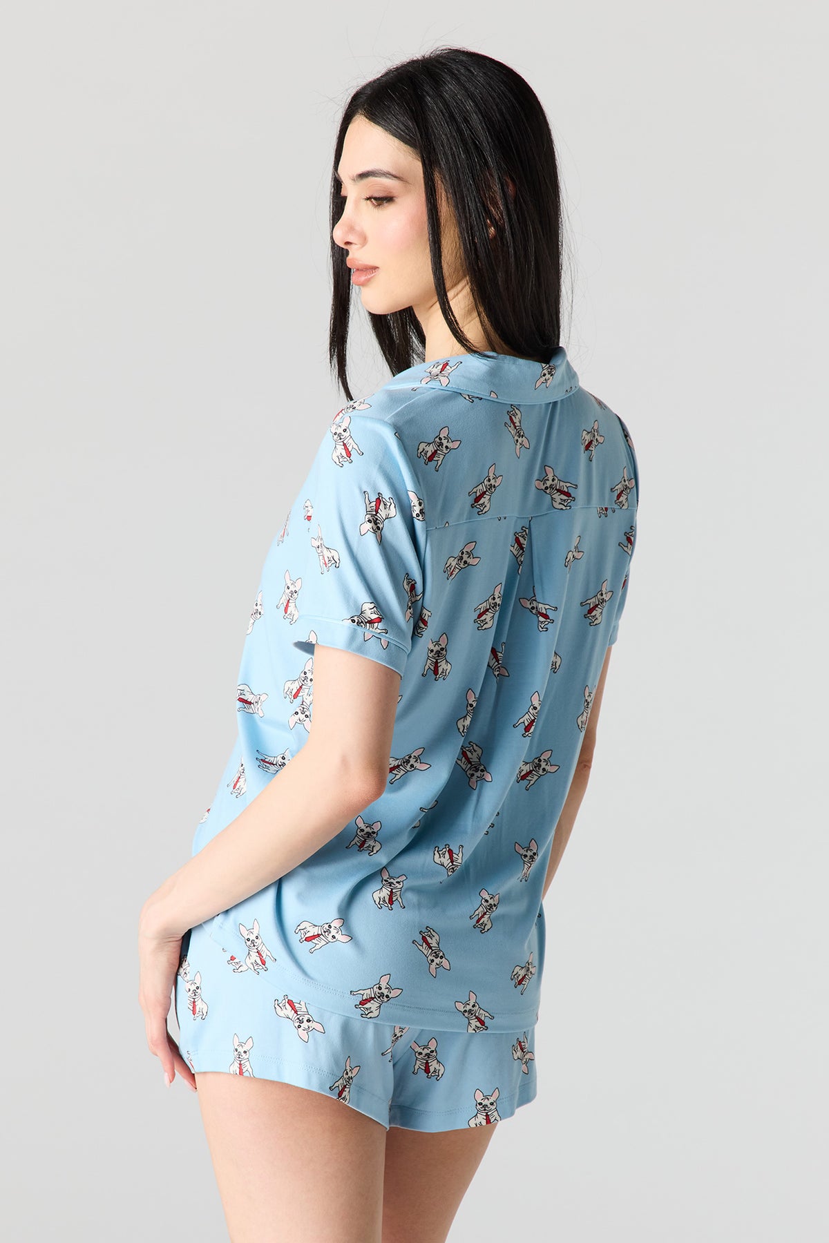 Alt View 4. Button-Up Collared Top & Pajama Pant & Short Set (3 Pieces) - Baby Blue