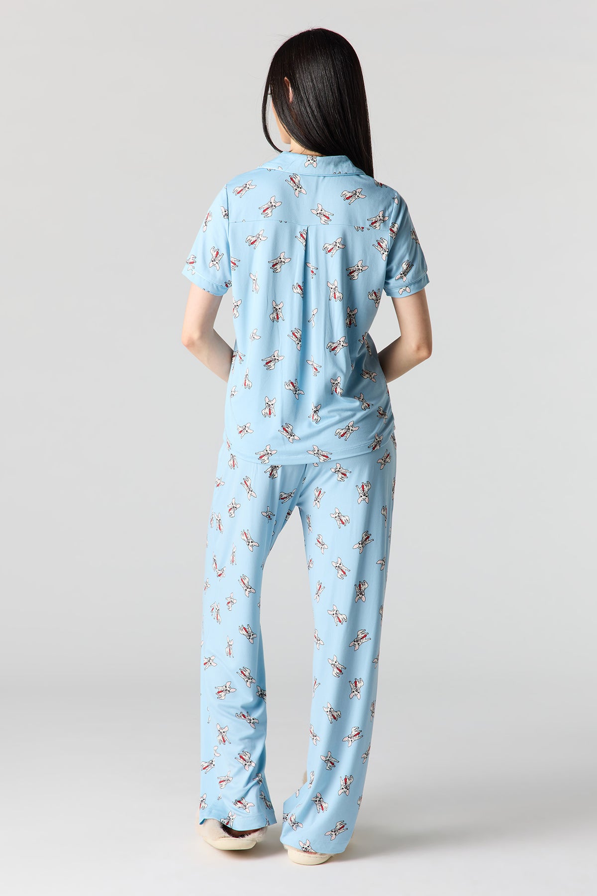 Alt View 5. Button-Up Collared Top & Pajama Pant & Short Set (3 Pieces) - Baby Blue
