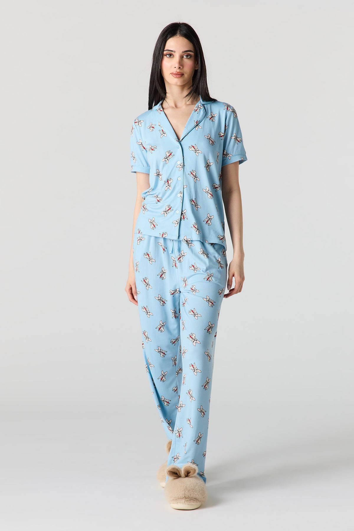 Button-Up Collared Top & Pajama Pant & Short Set (3 Pieces) - Baby Blue