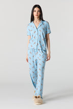 Button-Up Collared Top & Pajama Pant & Short Set (3 Pieces)